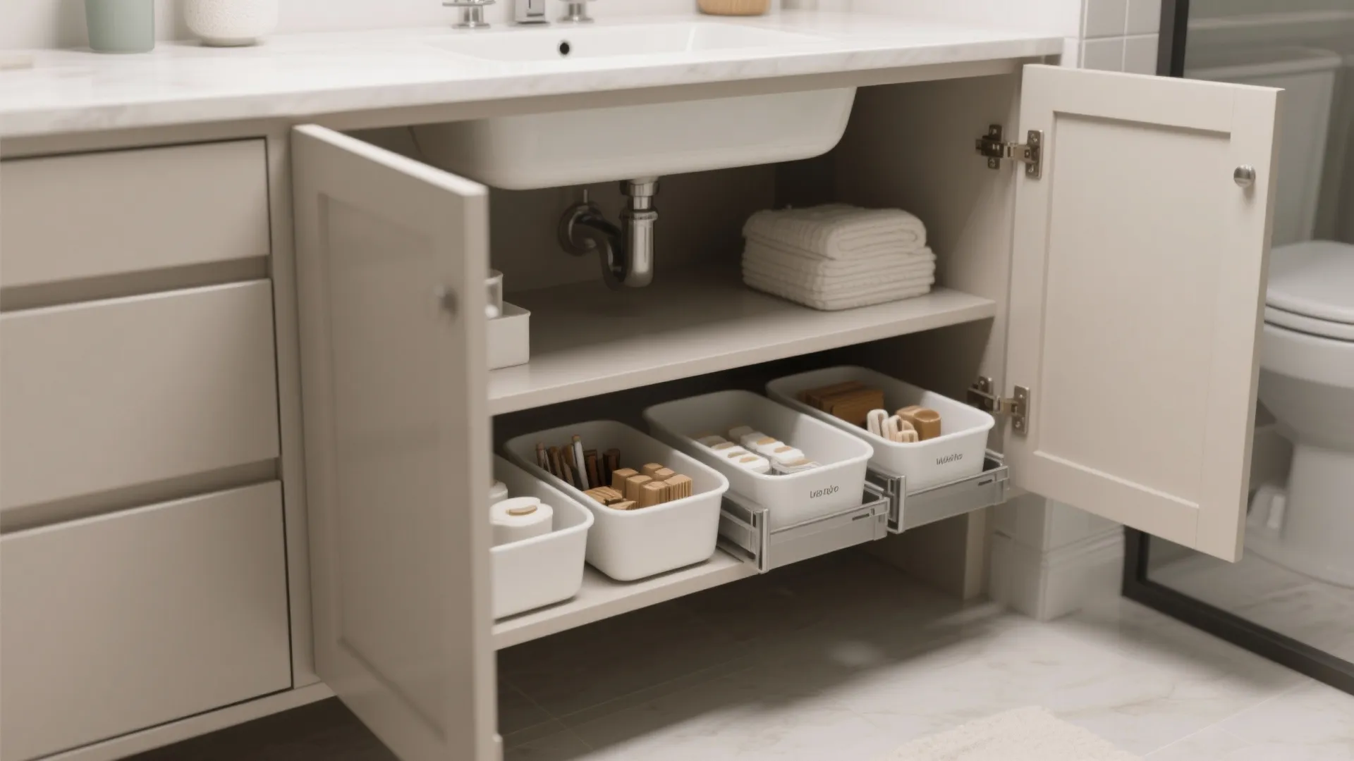 Open bathroom cabinet showing organized storage with pull out plastic bins and neatly folded towels