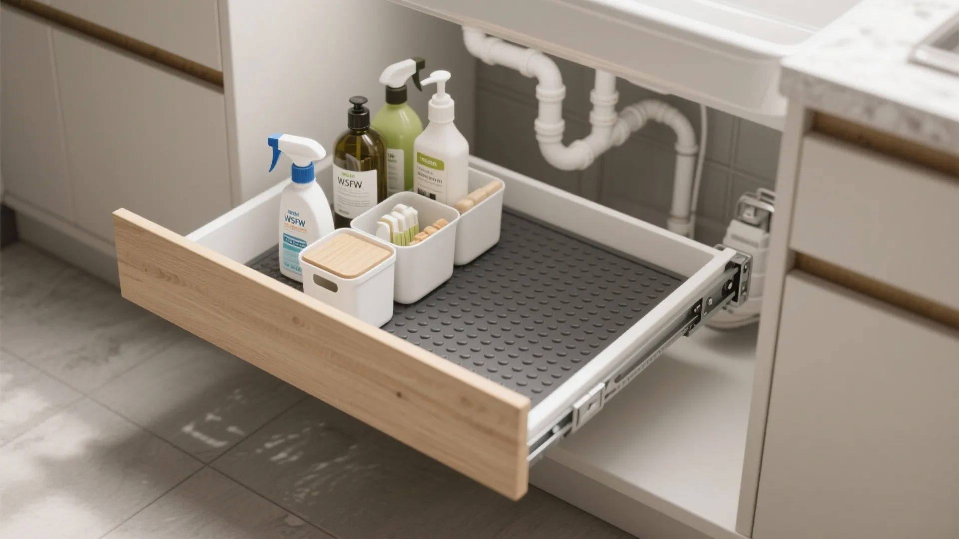 Under-sink pull-out for cleaning supplies and bins
