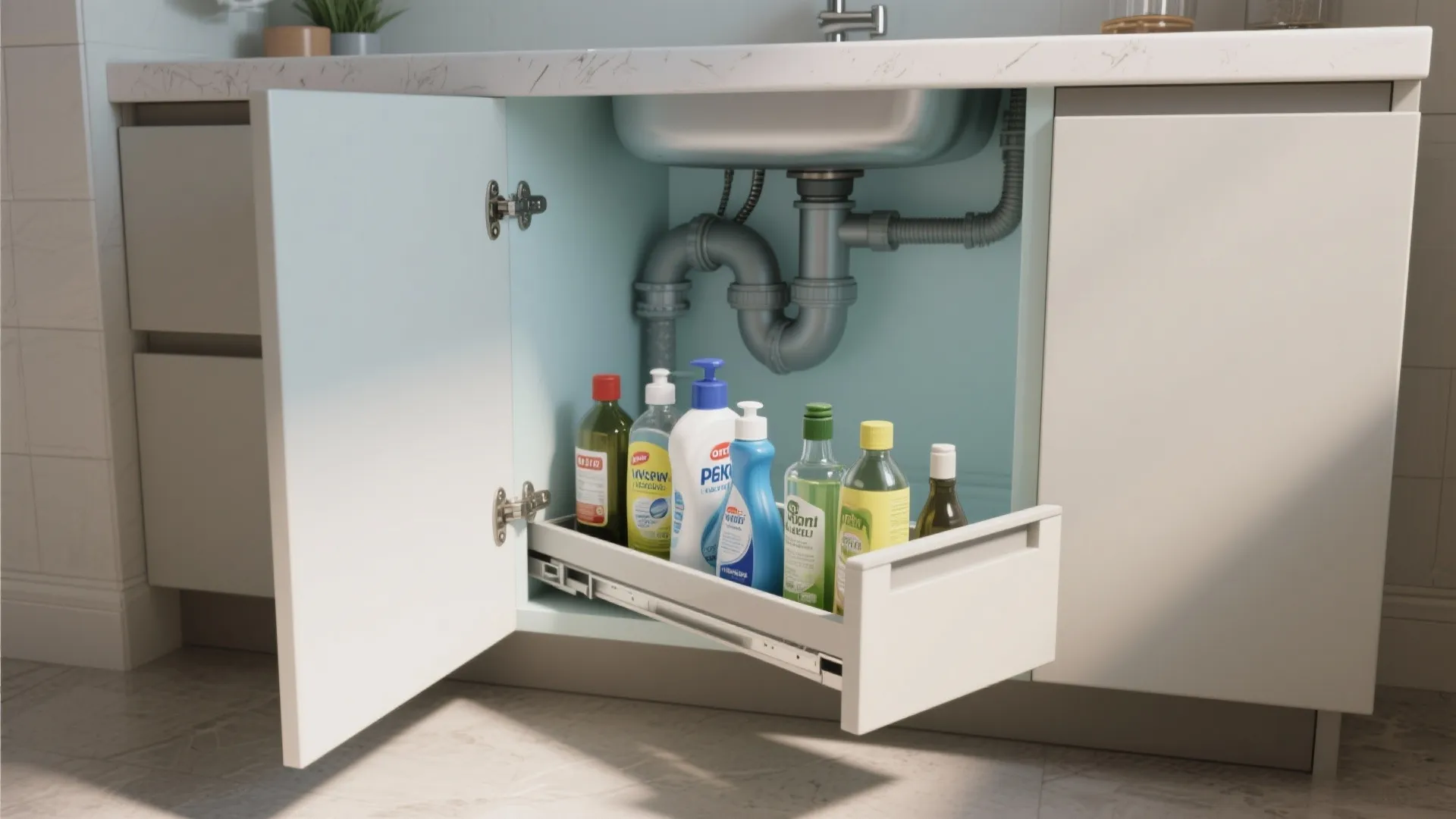 4. Install a compact under-sink pull-out for cleaning supplies