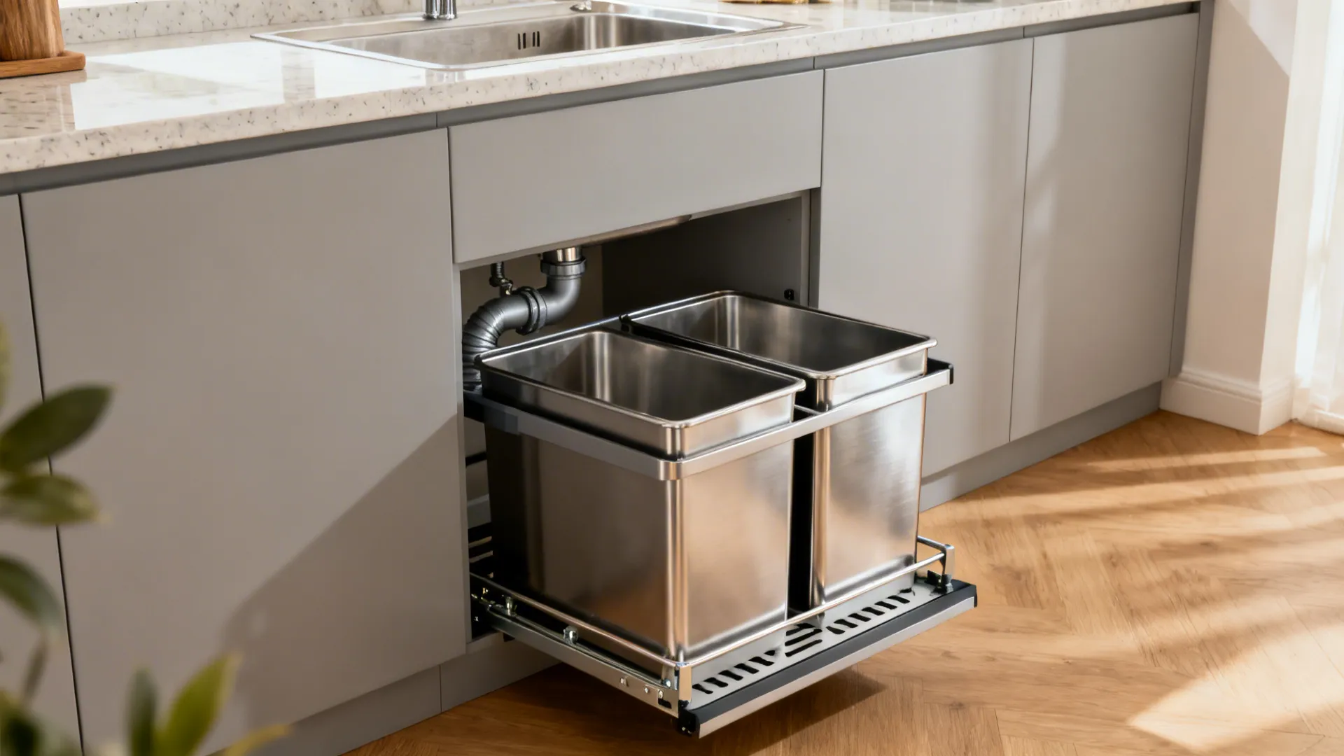 Hidden under-sink pull-out bin with dual compartments integrated into a compact kitchen cabinet.