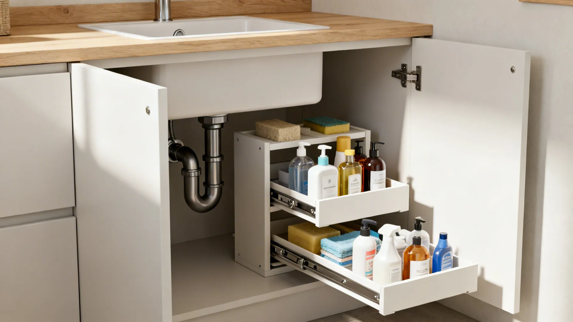 Under-sink pull-out organizers with tiered trays keeping cleaning products tidy in a small vanity.