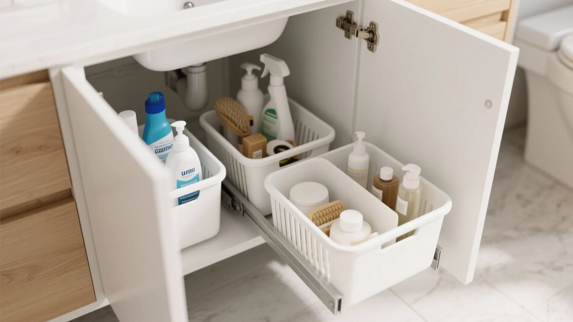 Under sink storage area with white plastic baskets holding cleaning supplies and bottles on slides
