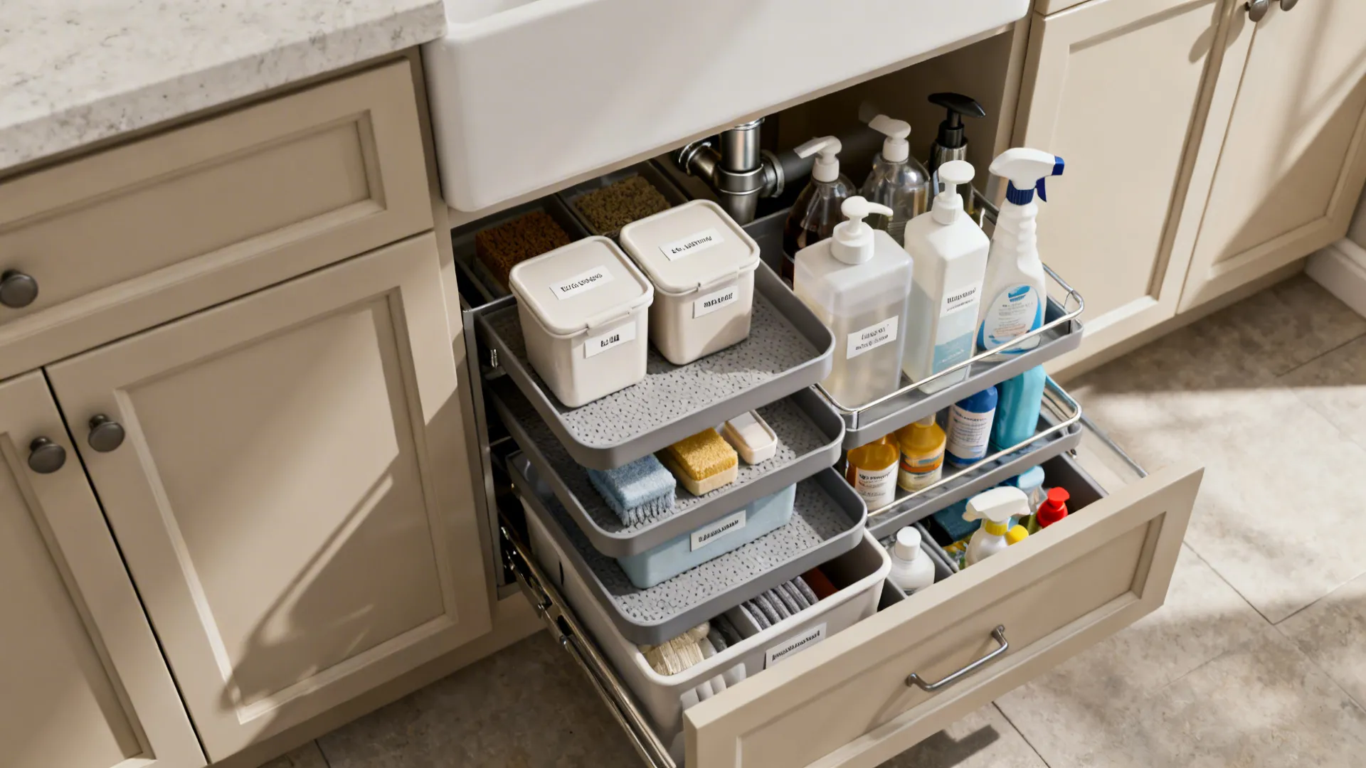 Under-sink pull-out drawers with labeled containers and tiered trays organized around plumbing
