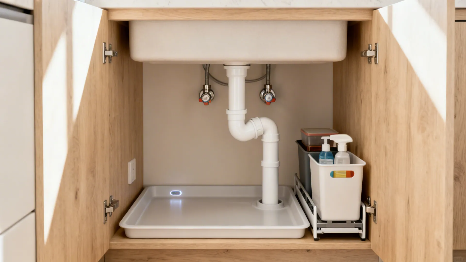 Organized under-sink cabinet with a new PVC P-trap, leak tray, and slim pull-out caddy.