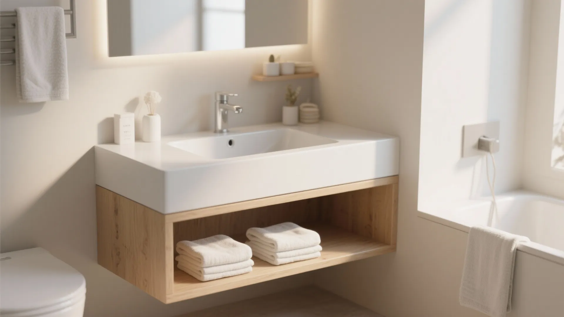Modern bathroom sink with wooden cabinet shelf underneath holding folded white towels and soap dispensers
