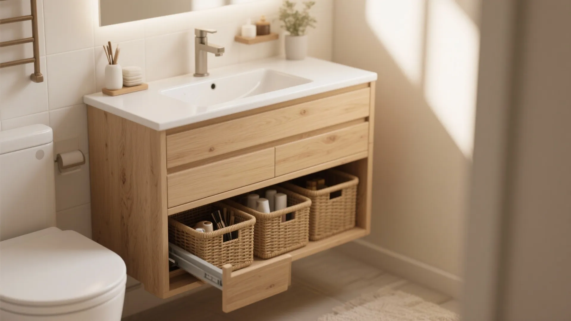 Open shelf and baskets under a bathroom sink providing extra storage