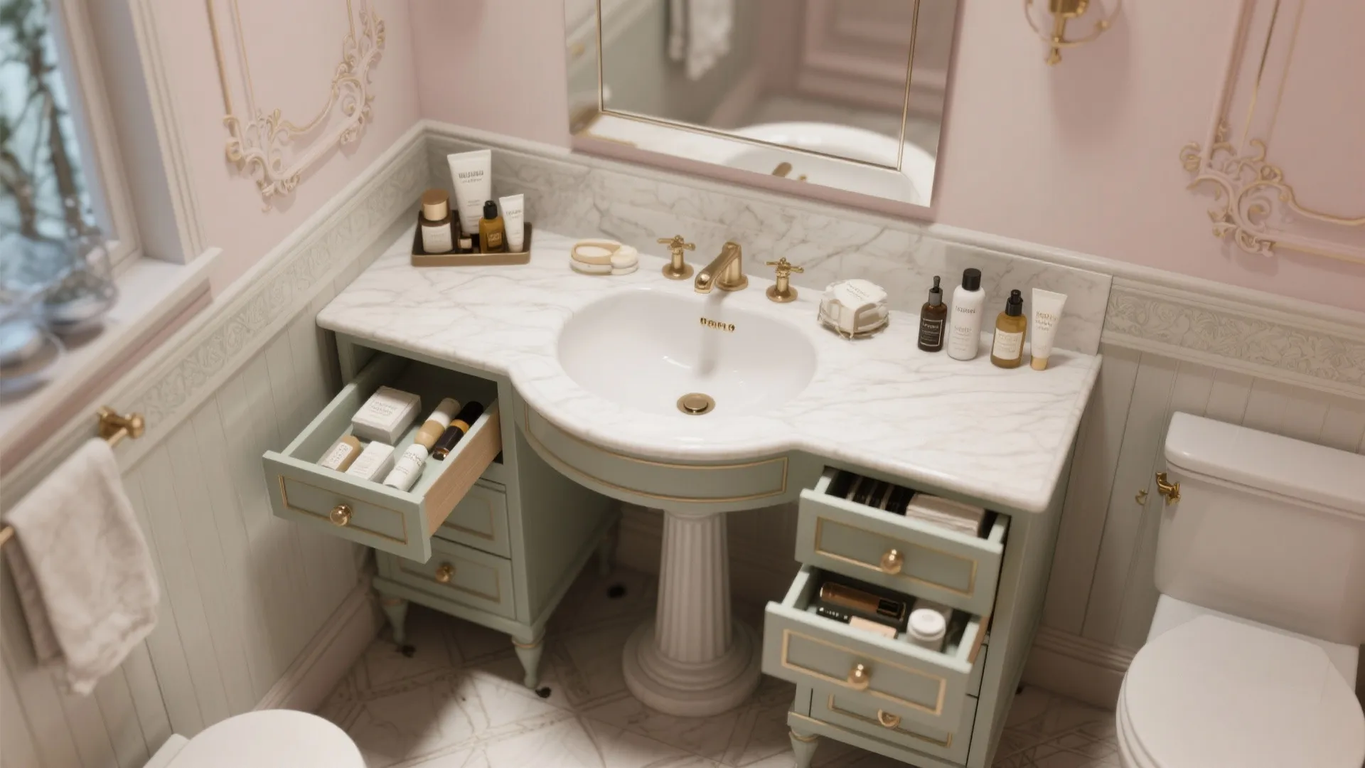 Elegant light green bathroom cabinet with marble top and open drawers showing organized skincare products