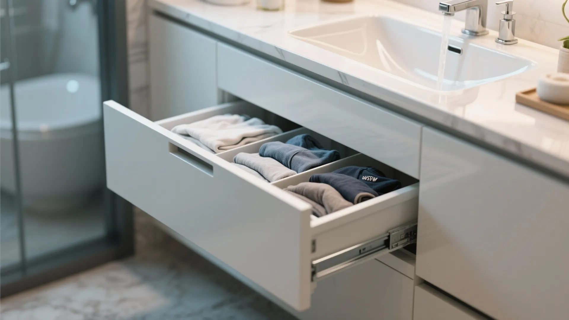 White bathroom cabinet with an open drawer showing neatly organized folded clothes under a sink area