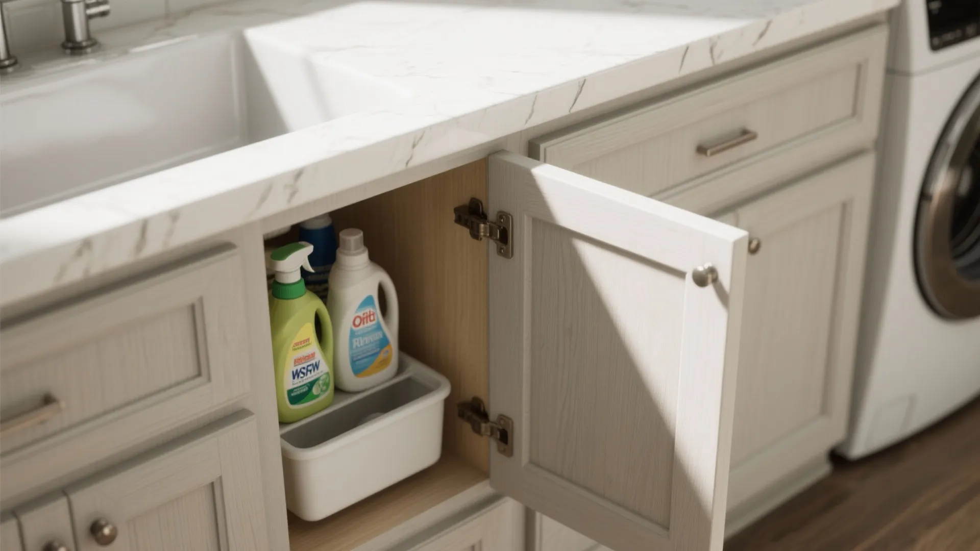 Open white cabinet under a sink showing cleaning bottles and a small plastic storage bin