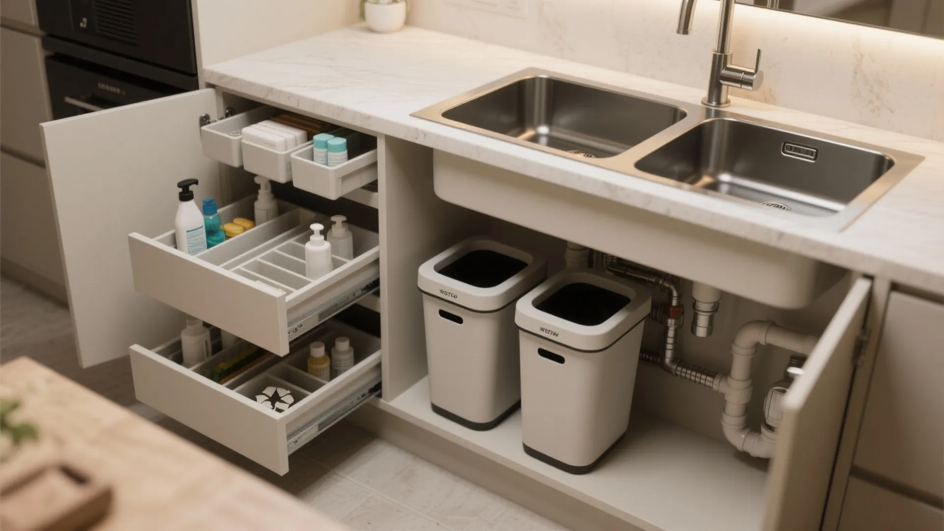 5. Compact cabinet storage and waste sorting under sink