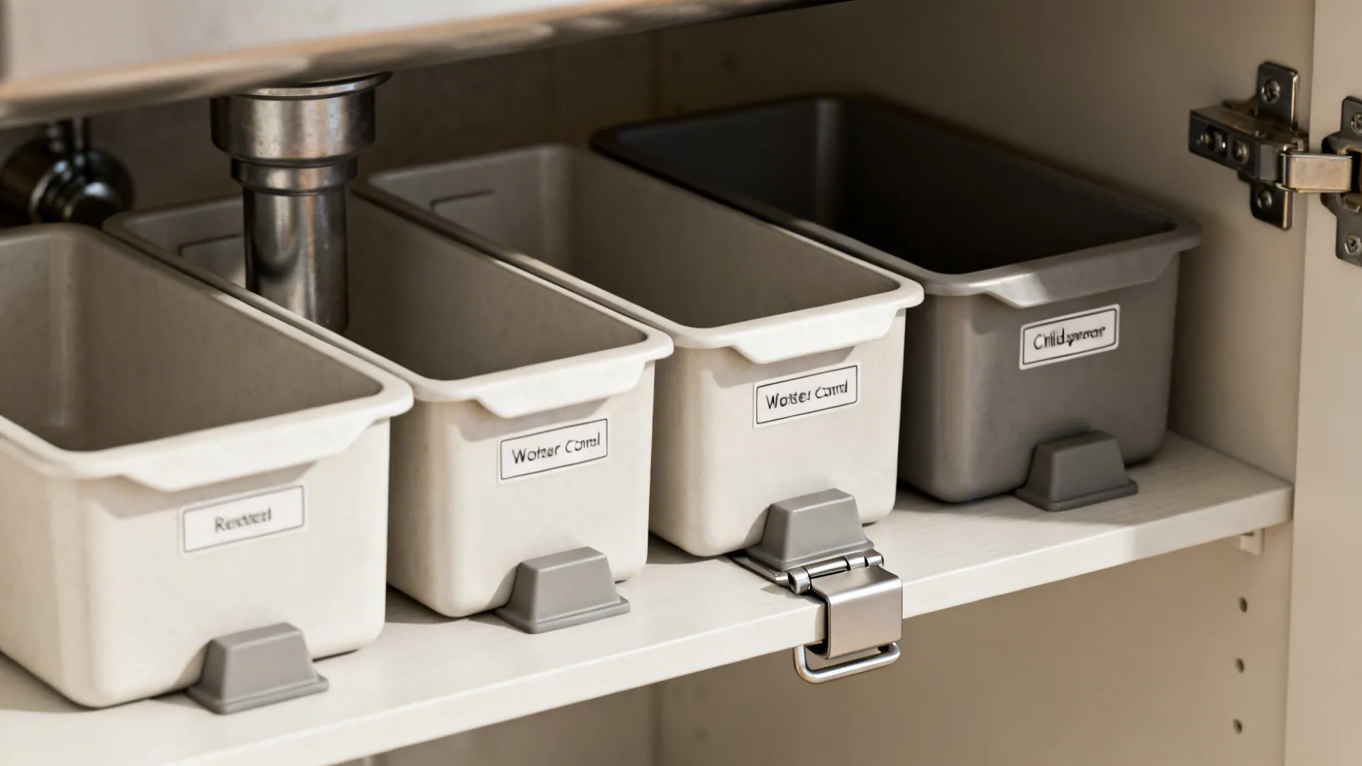 Close-up of moisture-resistant bins, small risers and a childproof latch inside a cabinet.