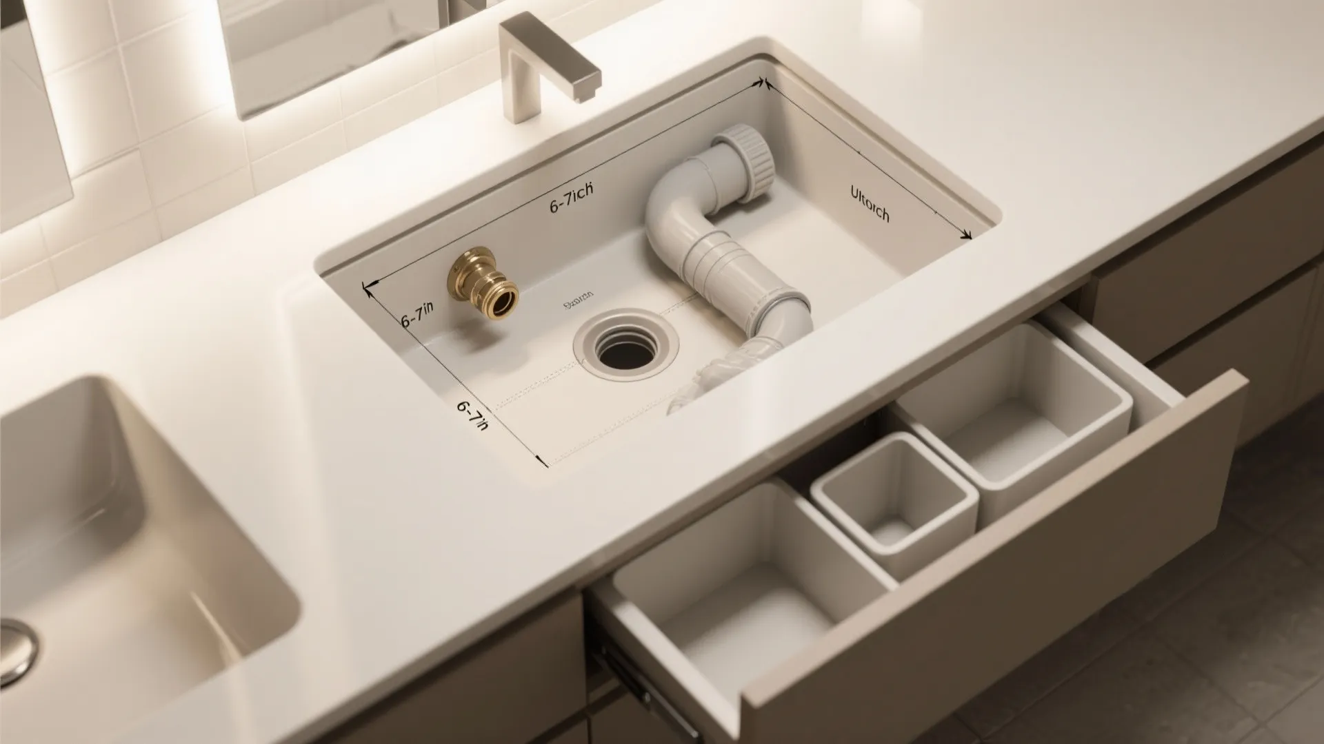 Top-down view of vanity interior showing P-trap clearance and U-shaped pull-out organizer layout.