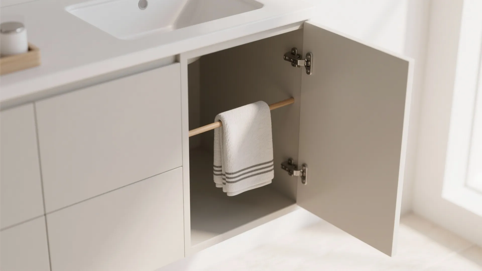 Open white bathroom cabinet under a sink with a wooden rod holding a clean white towel
