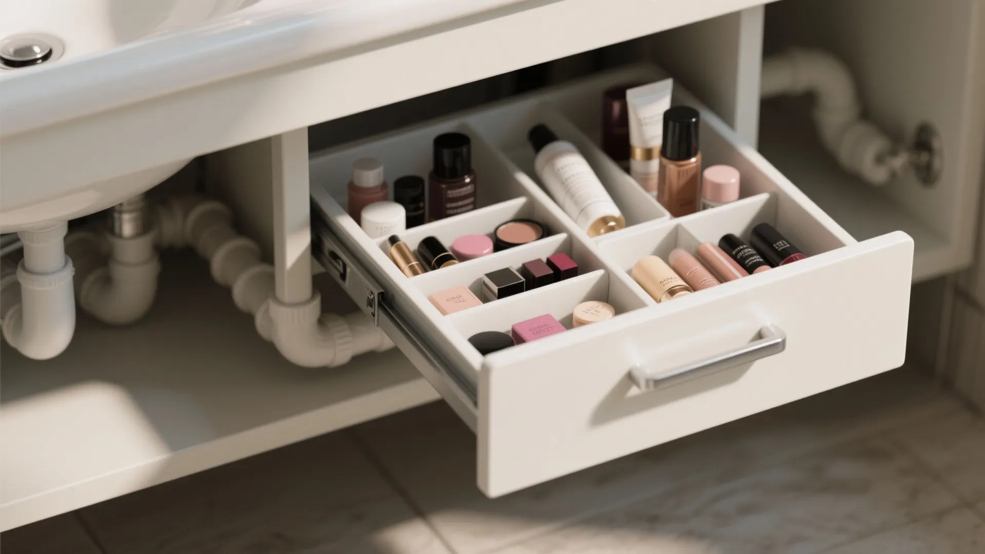 Open bathroom vanity drawer with a white divider tray organizing lipsticks and small makeup items