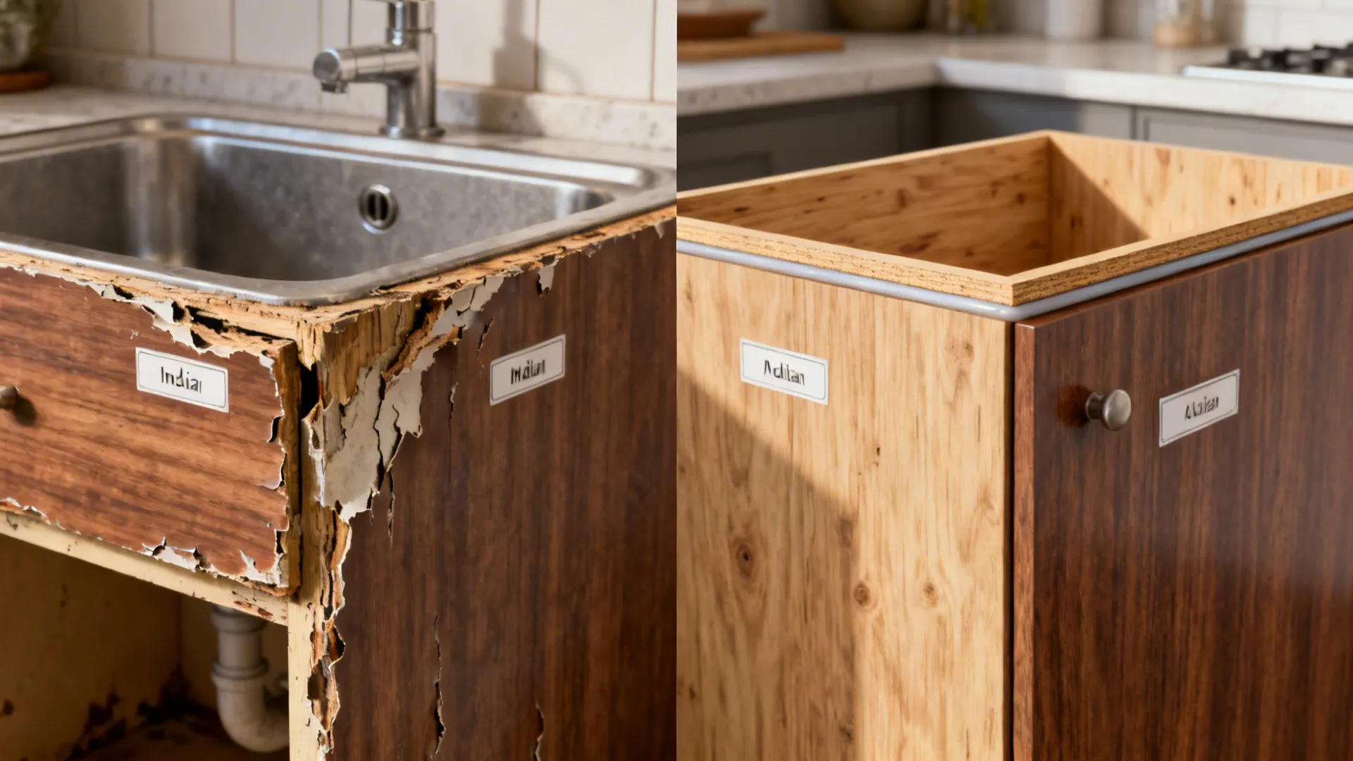Before-and-after under-sink cabinet showing upgrade to sealed BWP carcass with quality laminate.