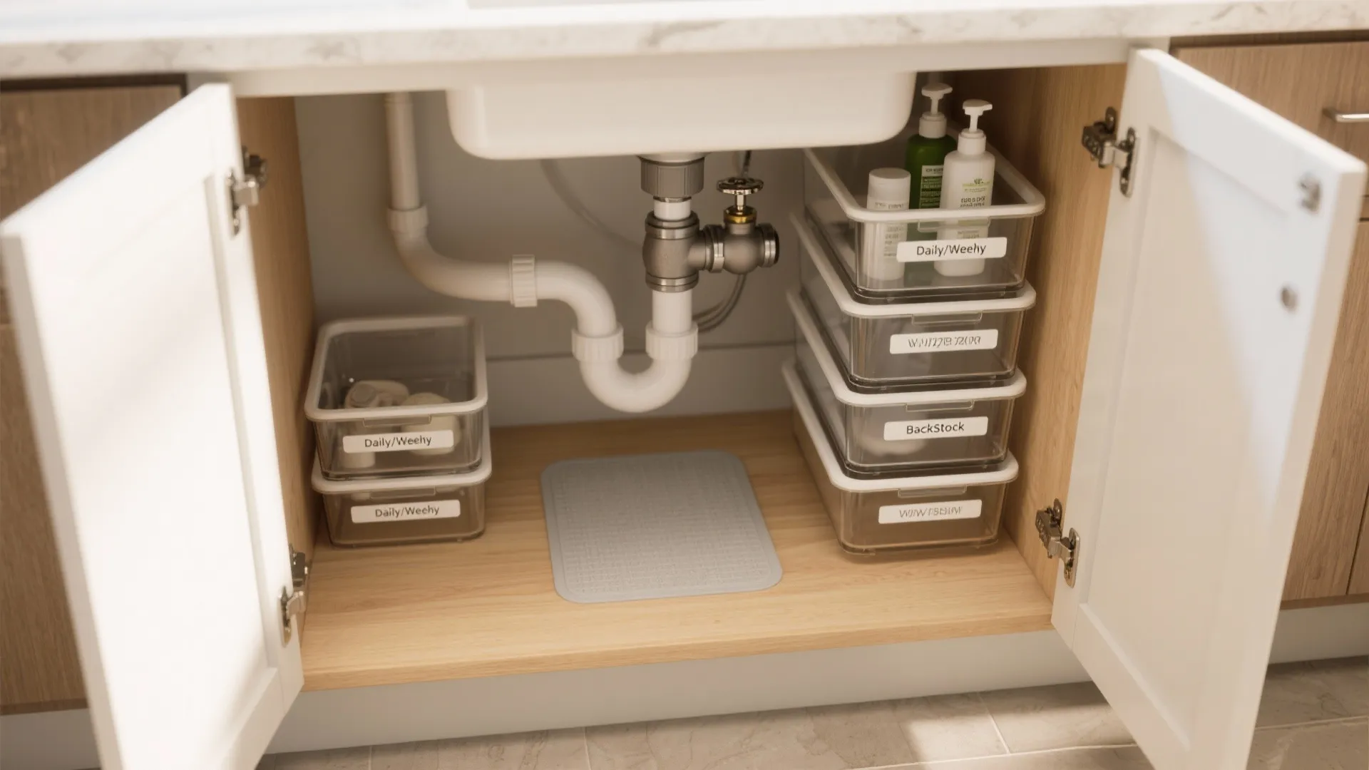 Under sink cabinet storage with clear plastic bins for soap bottles and bathroom cleaning supplies