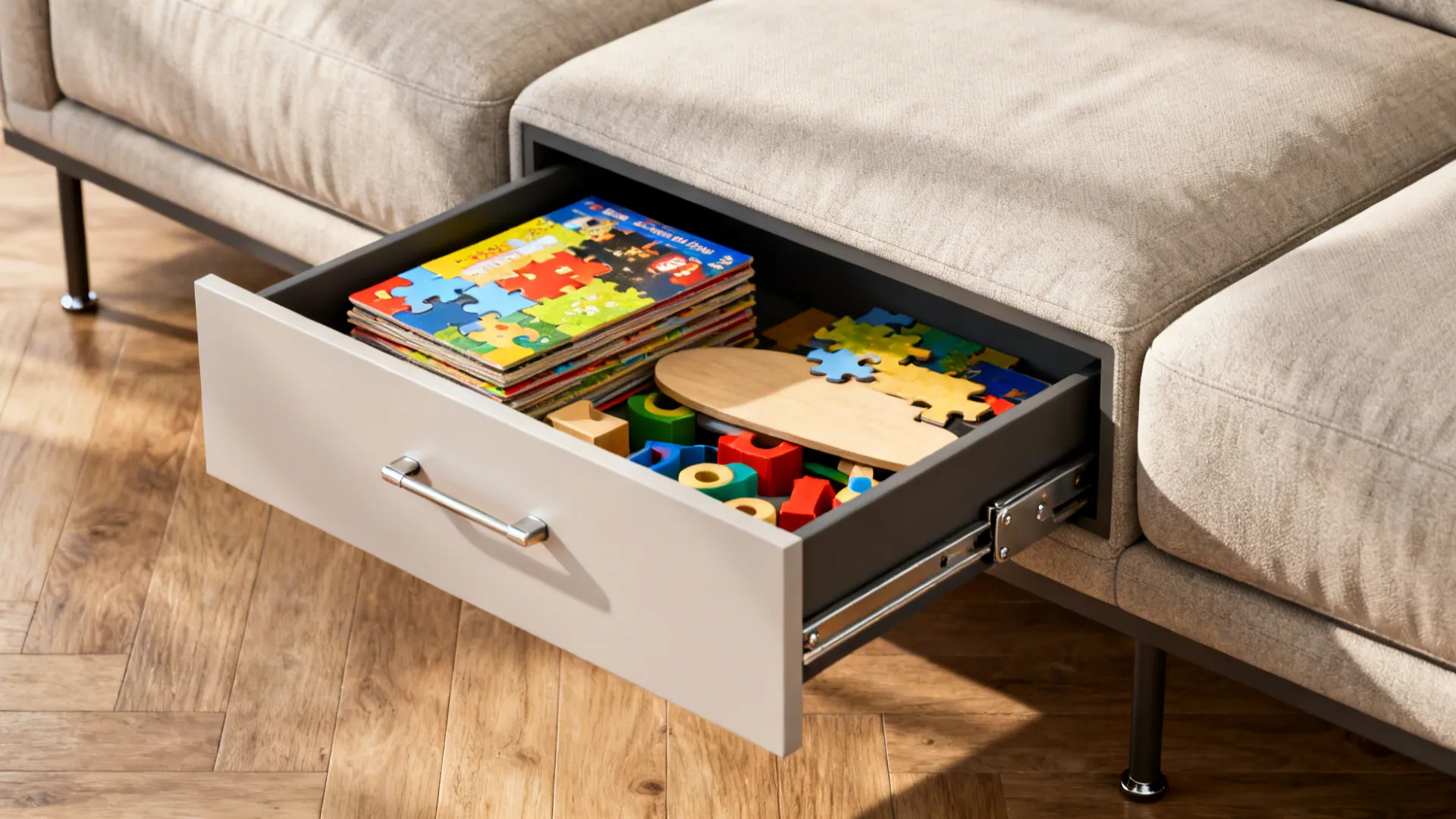 Sofa with under-sofa pull-out drawer storing puzzles and flat toys.