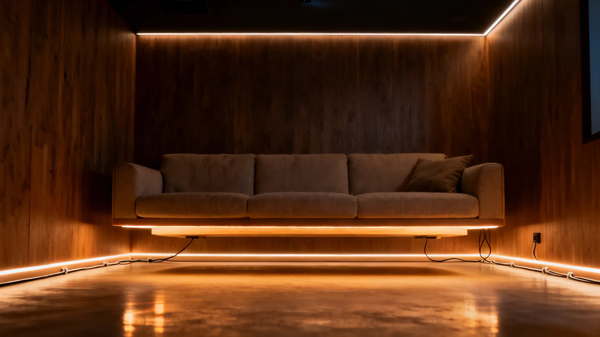 Warm under-sofa and baseboard LED glow makes the sofa appear to float at night.