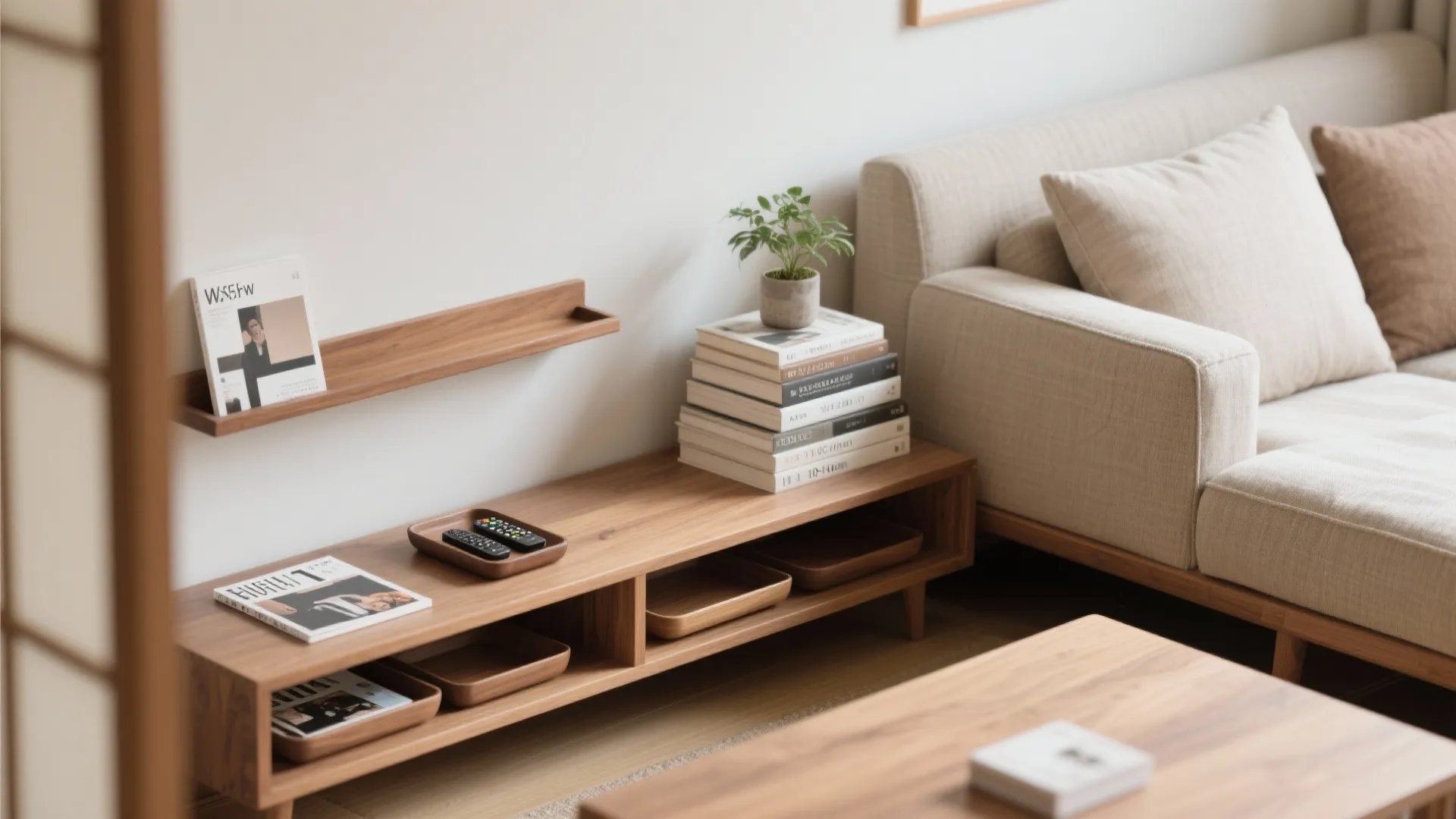 Tips 3: ソファ下・背面の「収納技巧」で面積を増やす—引き出し＋浅棚