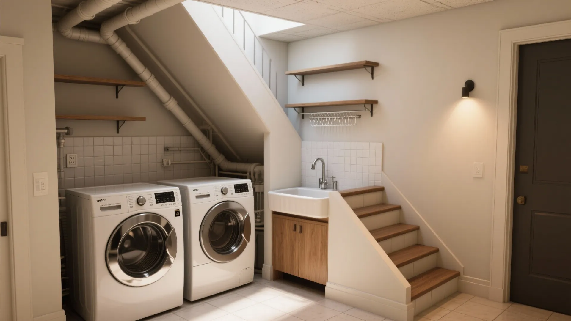 Modern laundry room under stairs featuring two white washing machines small sink and wooden shelves