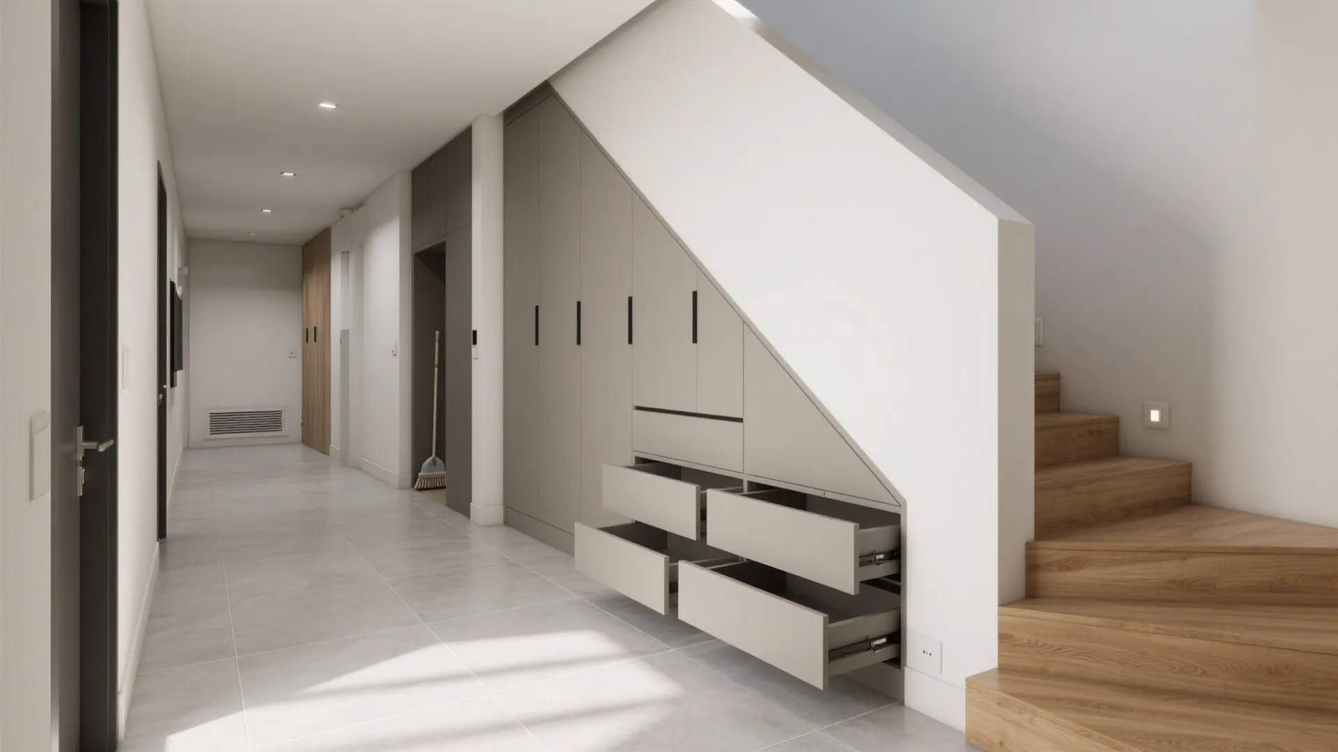 1) Minimalist storage that rides the stairs and the walls