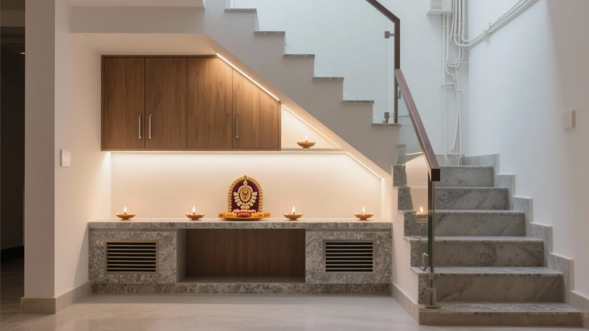 Under-Stair Pooja Showcase With Stone Plinth and Ventilation