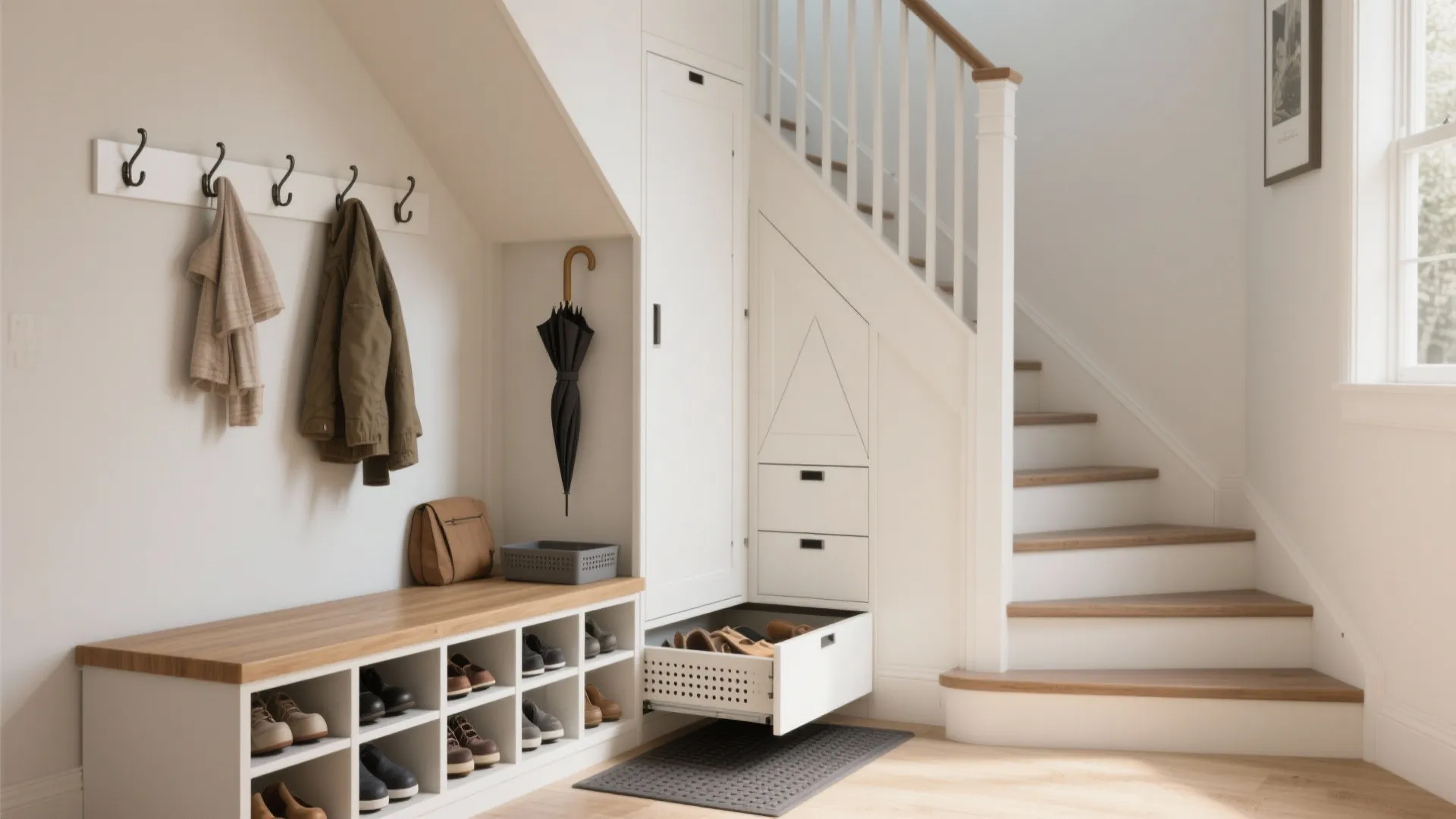 Under-Stair Hall Cupboard with Bench and Shoe Drawers