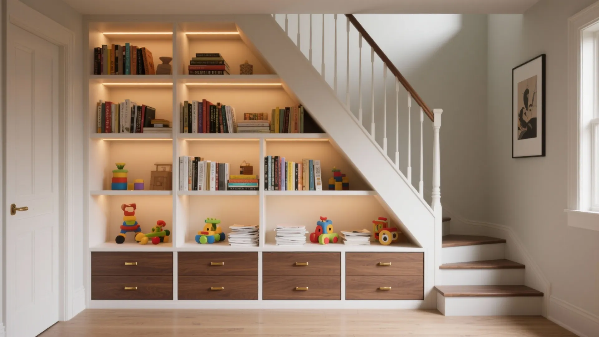 4. Under-stair bookcases—use that dead volume
