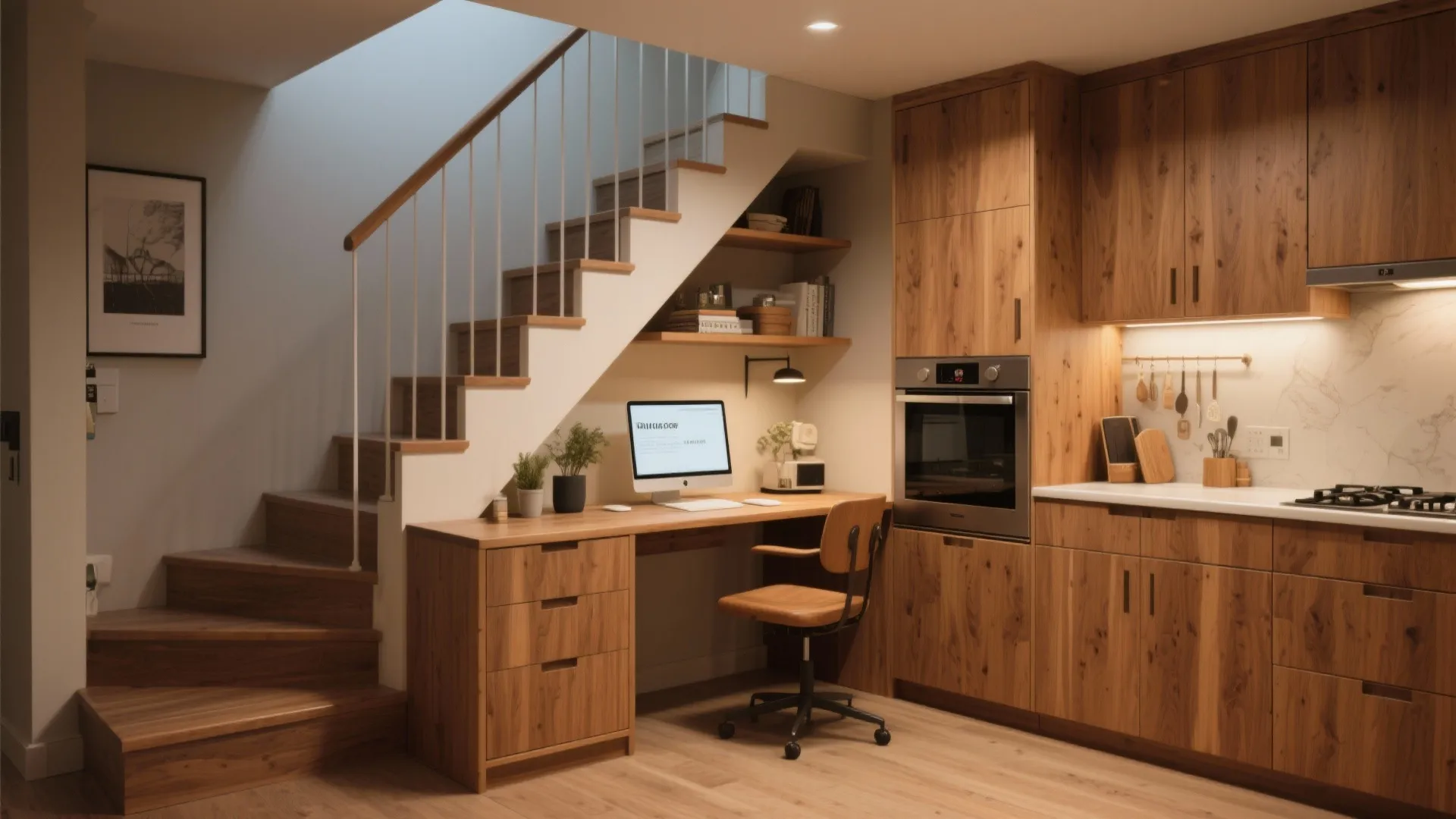 Modern wood desk with computer placed under a staircase next to a compact kitchen area