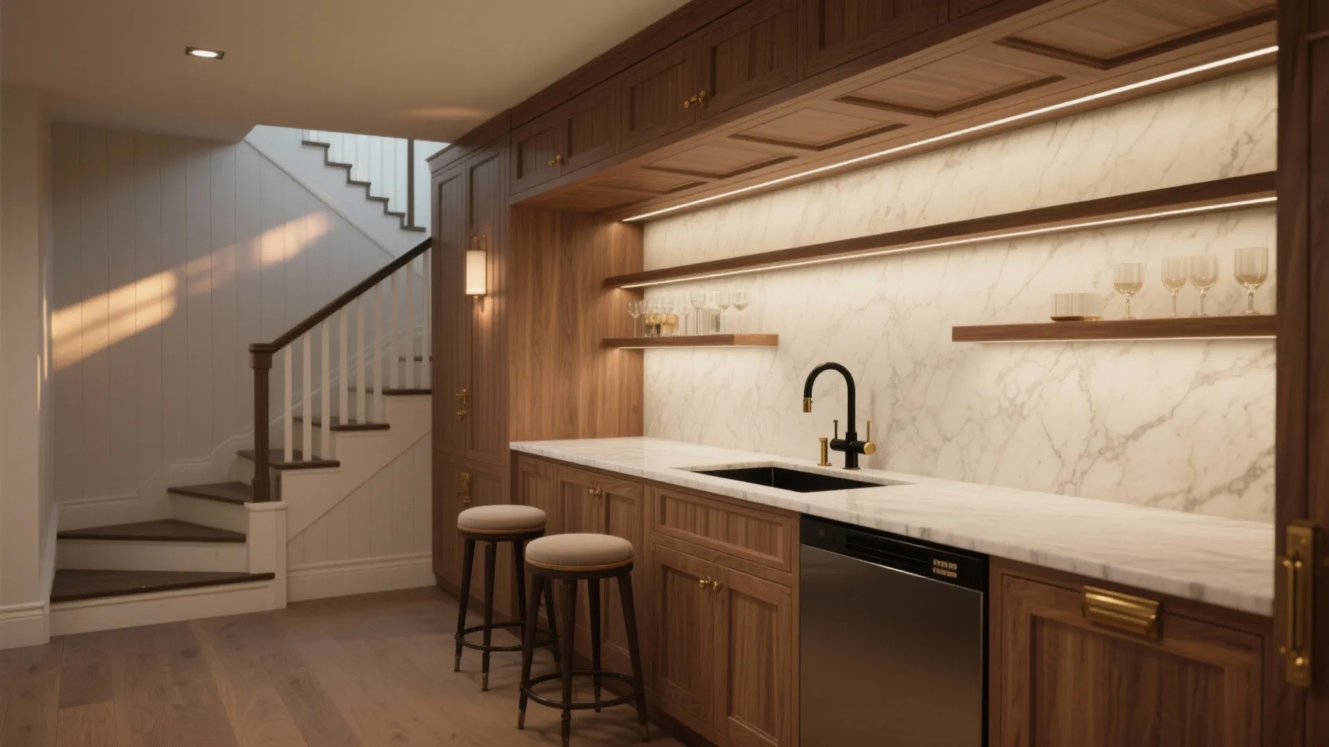 L-Shaped Corner or Under-Stair Bar (Turn Dead Space Into a Party Trick)