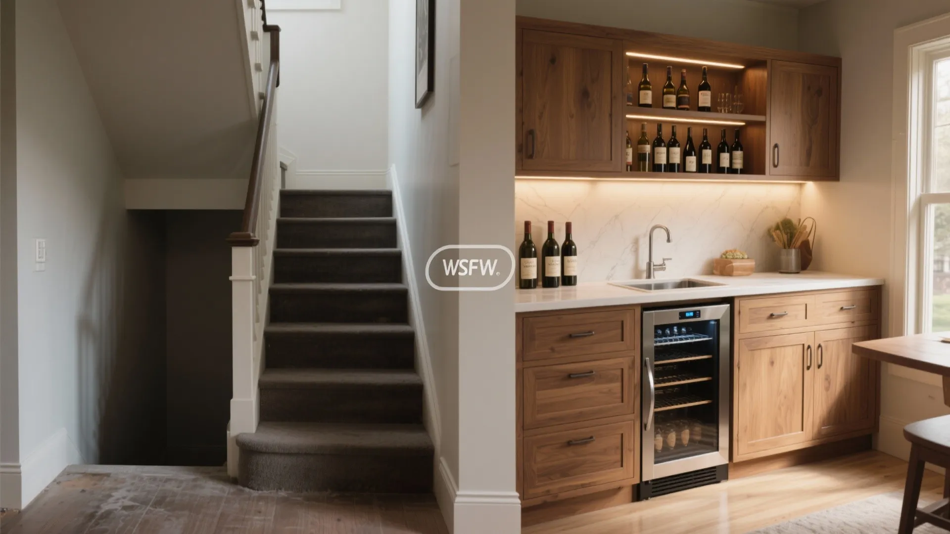 Home bar area under stairs with wooden cabinets wine fridge sink and lighted glass bottle shelves