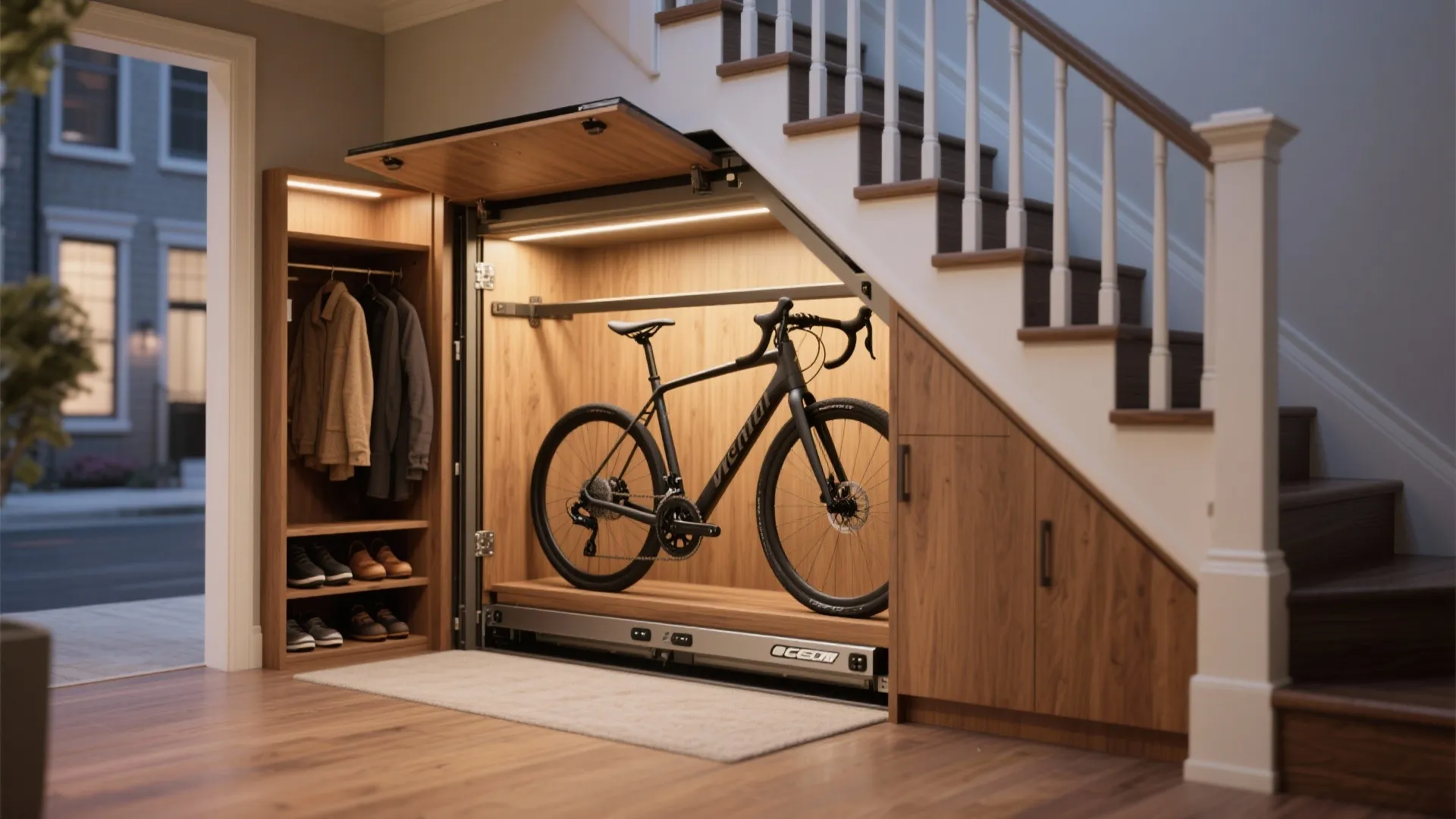 Bicycle stored inside a wooden cabinet under the stairs next to shoes and hanging coats