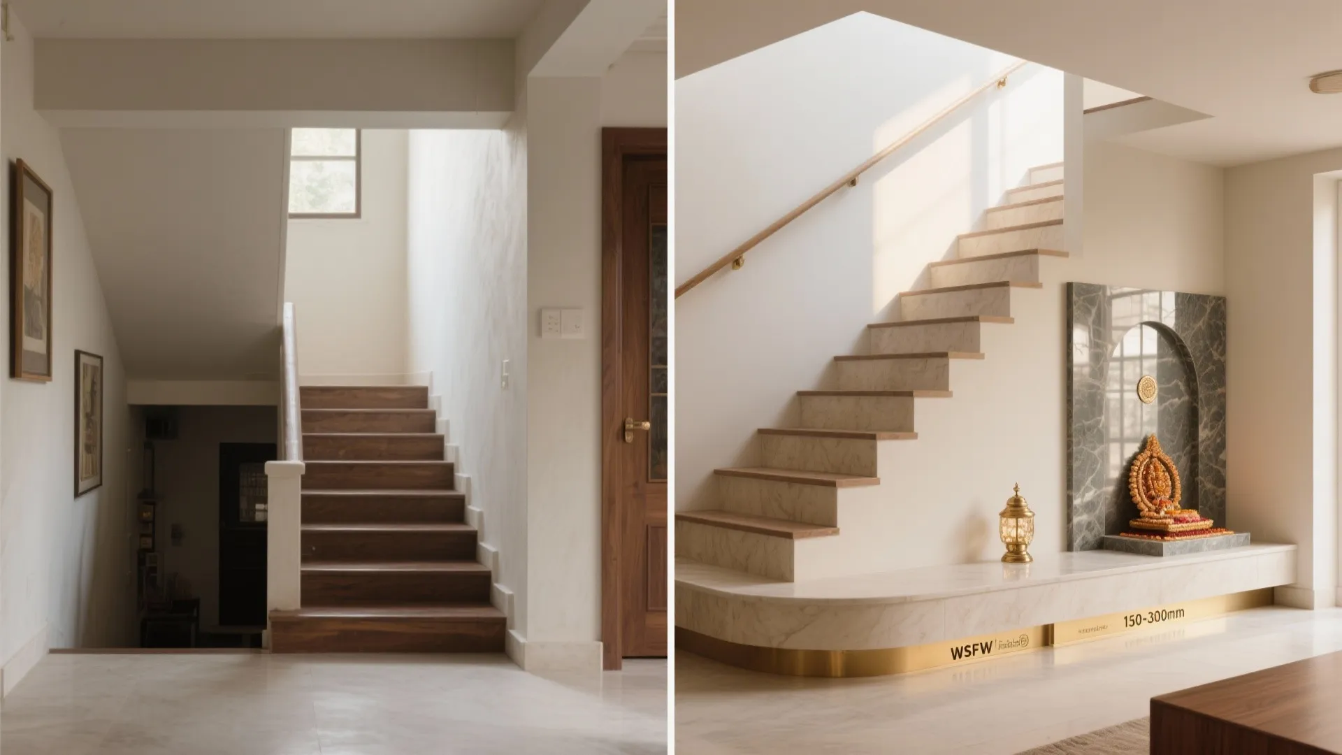 Before and after comparison of dark wooden stairs and bright marble stairs with prayer area design
