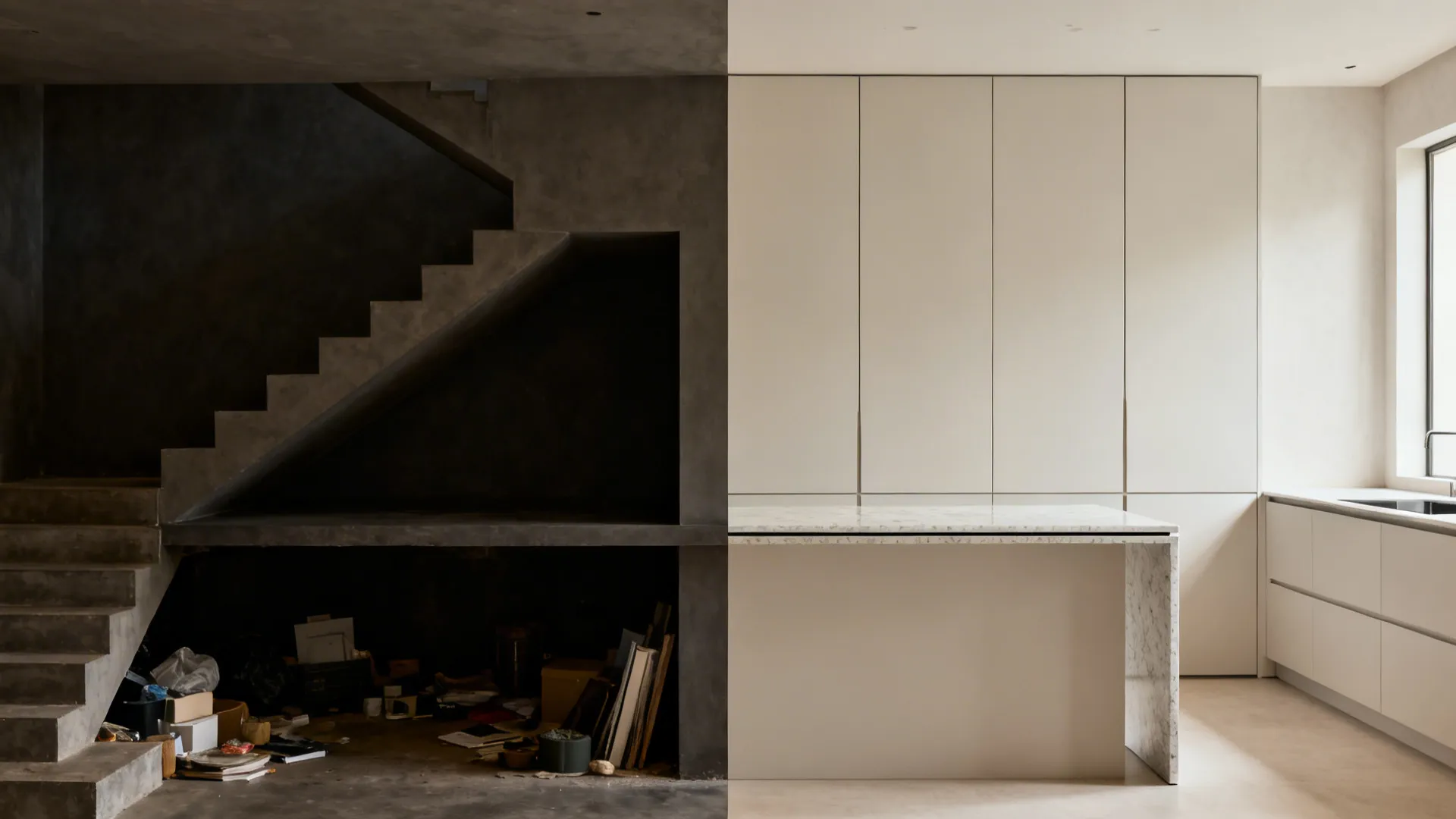 Before-and-after of a dark stair void transformed into a minimalist kitchen