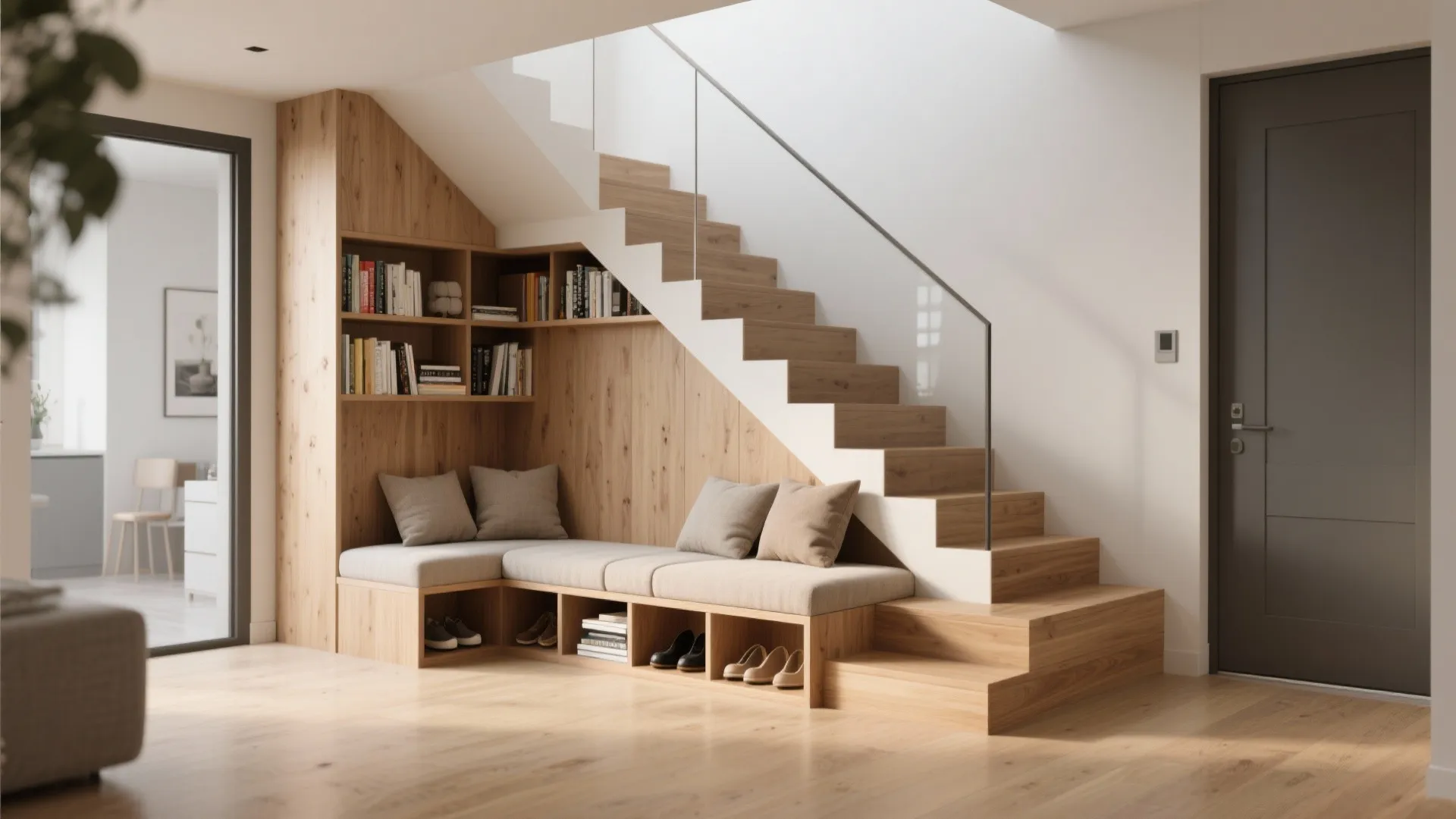 Stair run with integrated bench seating and open bookshelf, creating a cozy multifunctional nook.