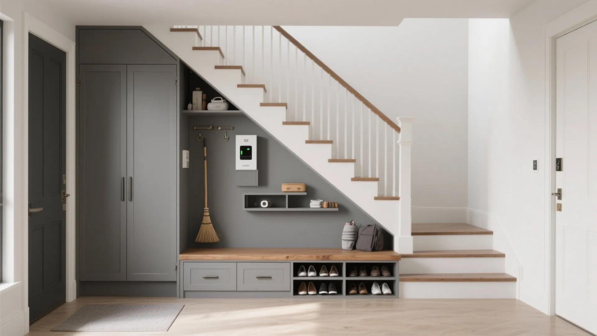 Under-Stair Storage Wall That Doubles as a Bench