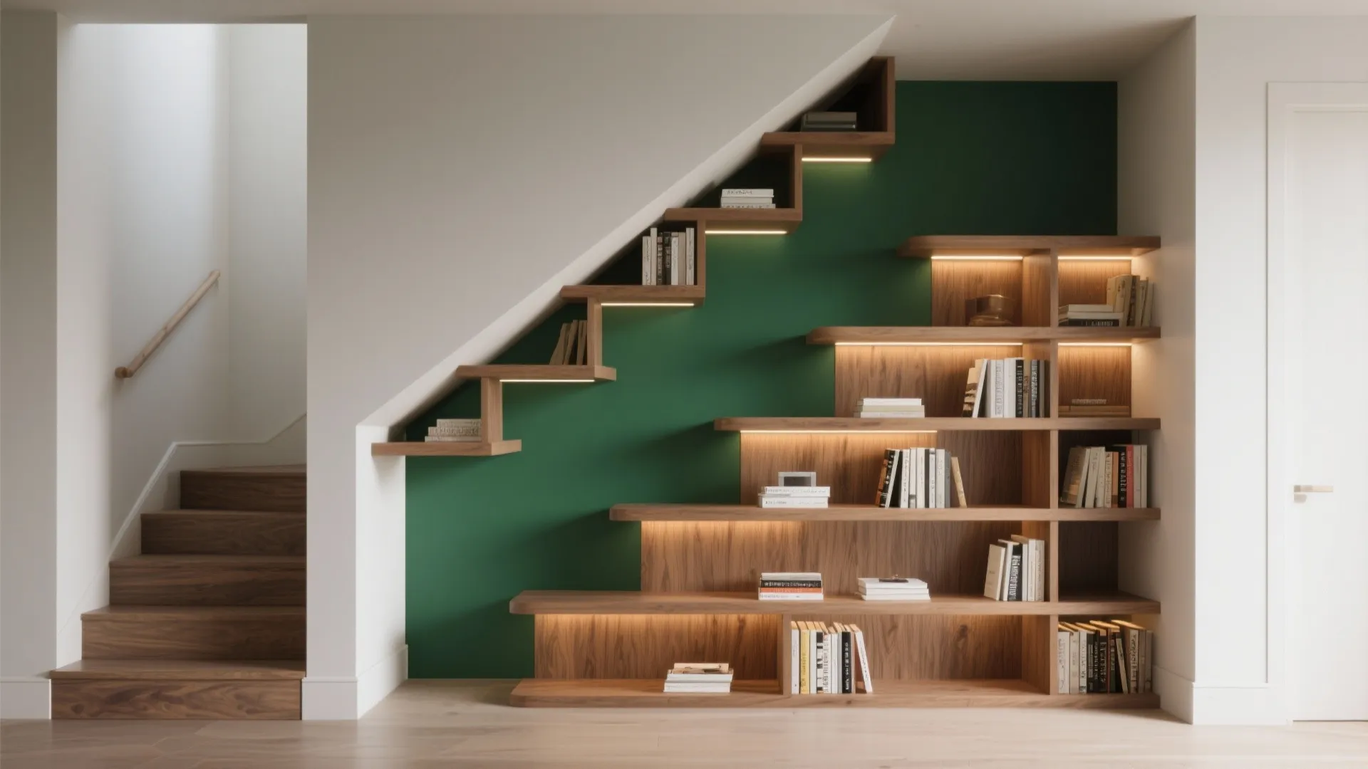 Built in wooden bookshelf under stairs with warm light fixtures against a dark green wall