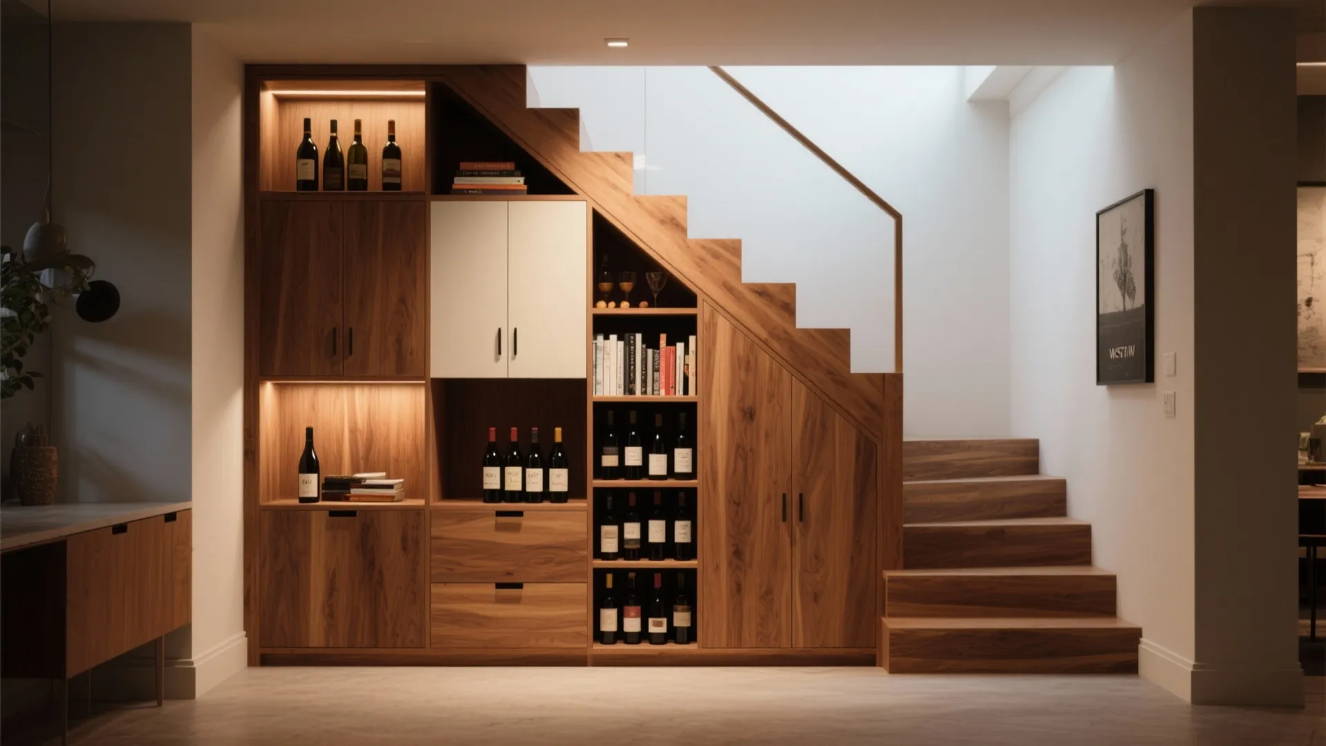 Under-stair built-in cabinets and shelves