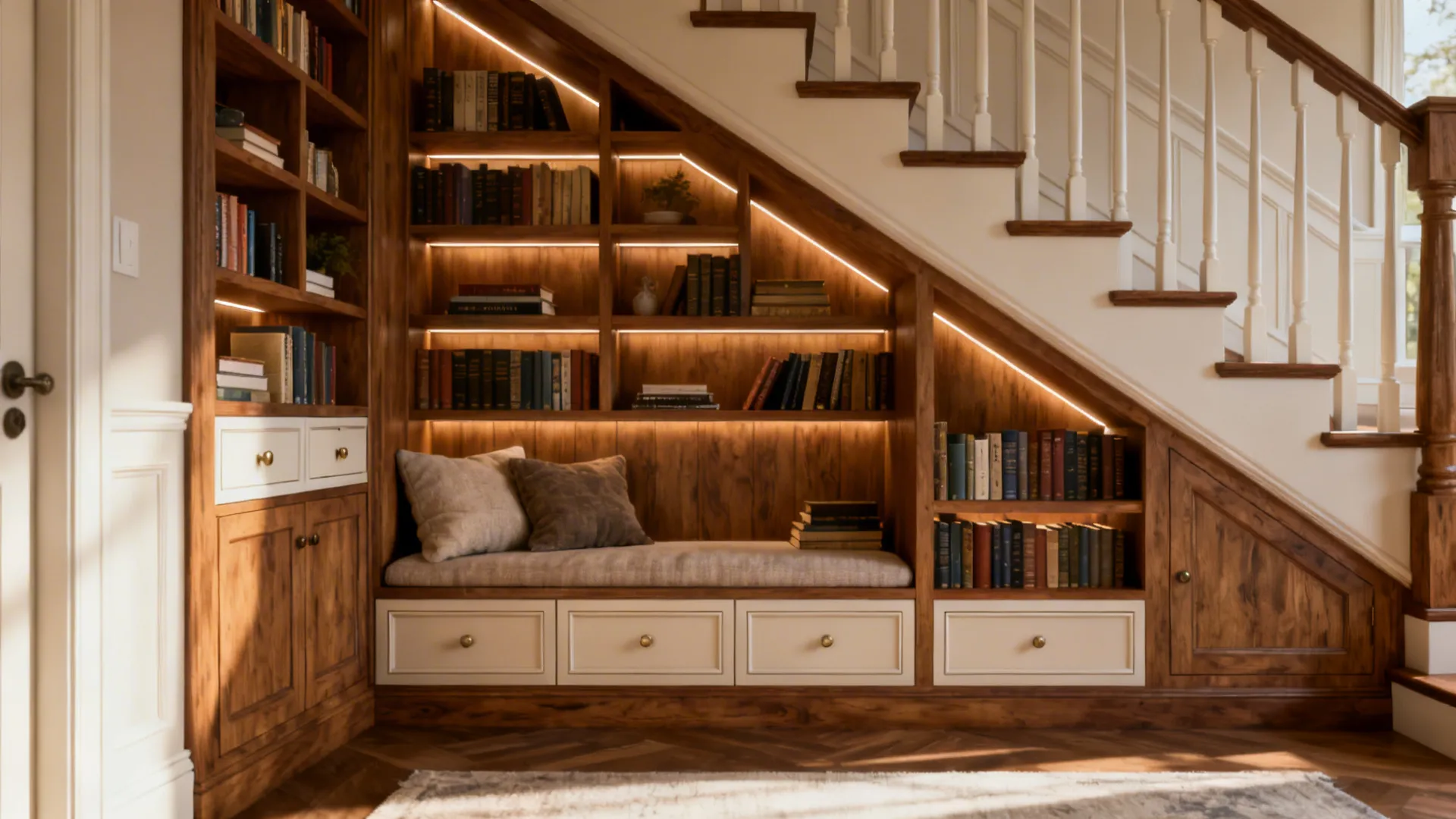 Custom built-in shelving tucked under stairs with warm wood and integrated drawers.