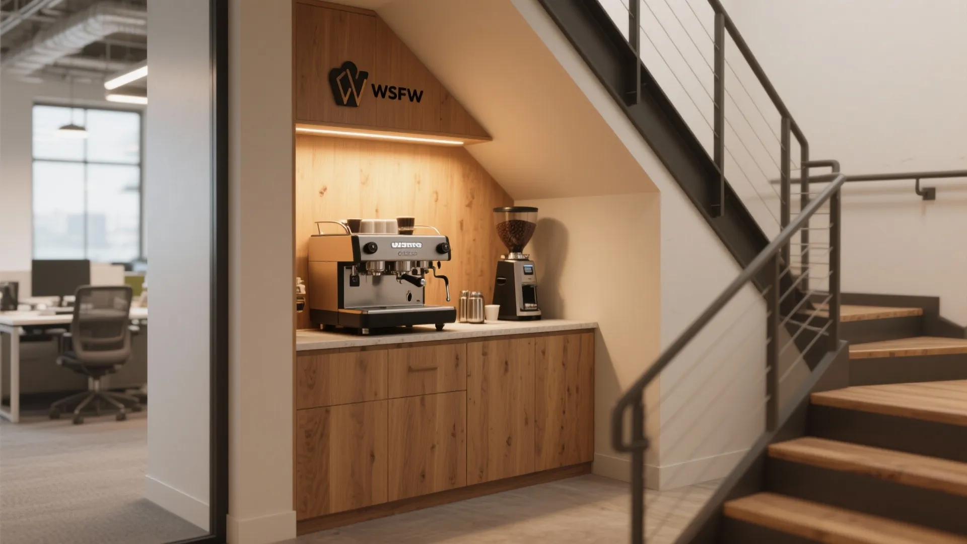 Small coffee station under a staircase with wooden cabinet and professional coffee machine in office