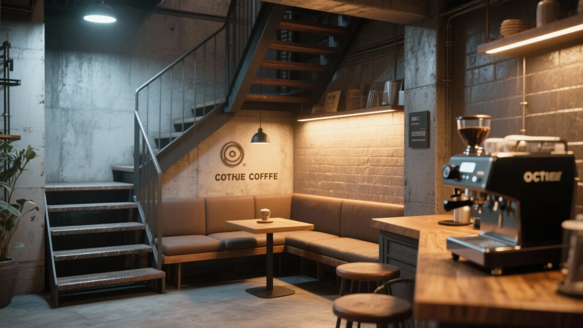 Industrial style coffee shop under stairs with brown leather sofa wooden table and coffee machine