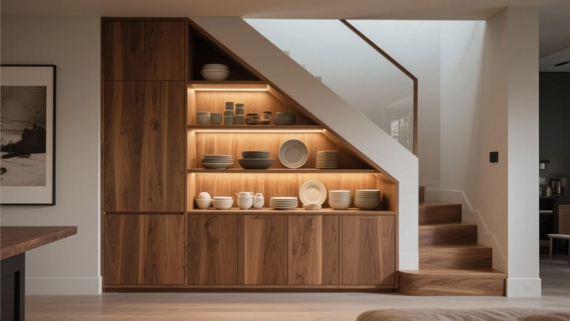 Built-in wooden cabinet under stairs storing plates and bowls with warm lighting in modern home