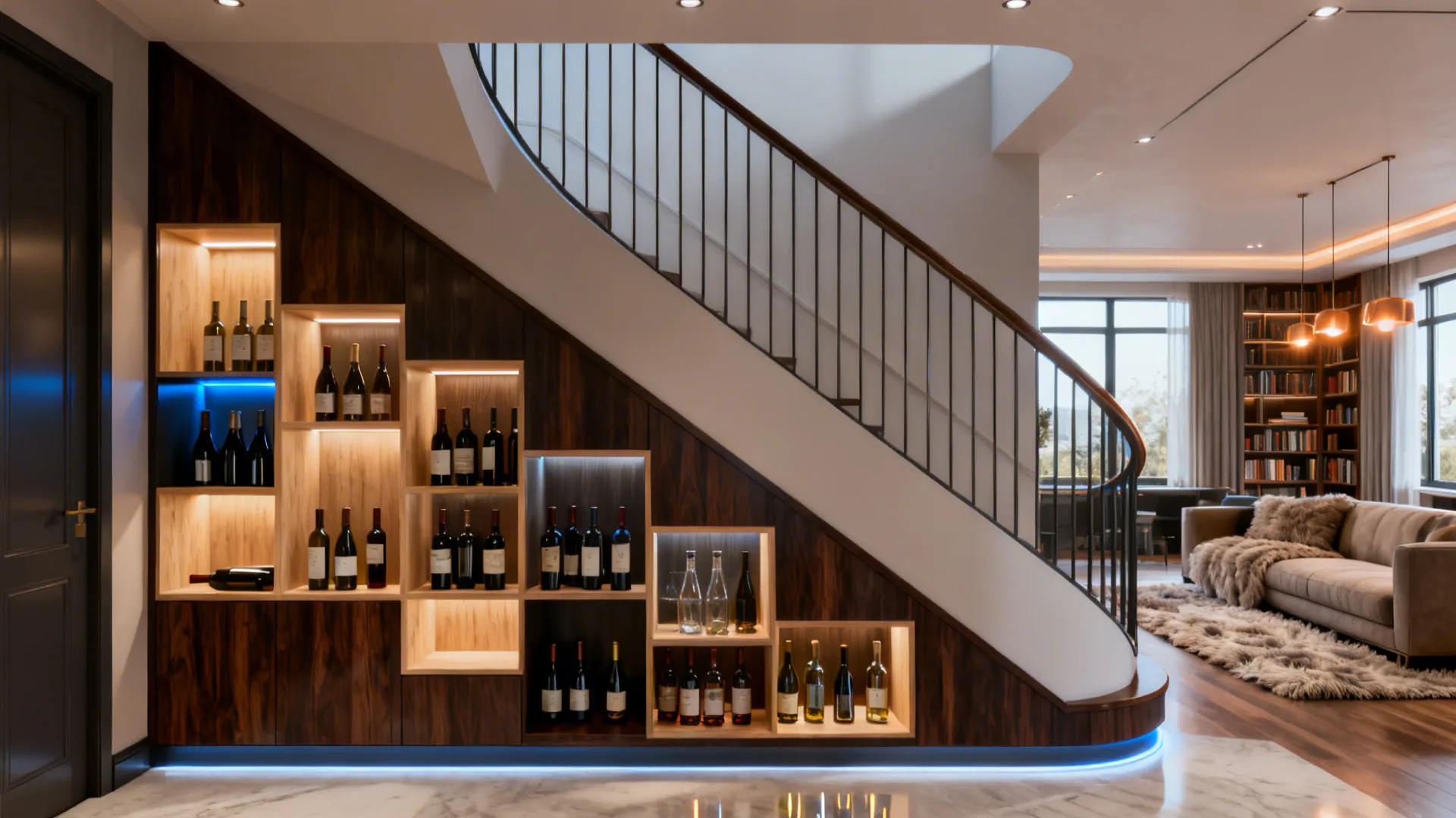 Under-stair wine cubbies with staggered openings and warm accents