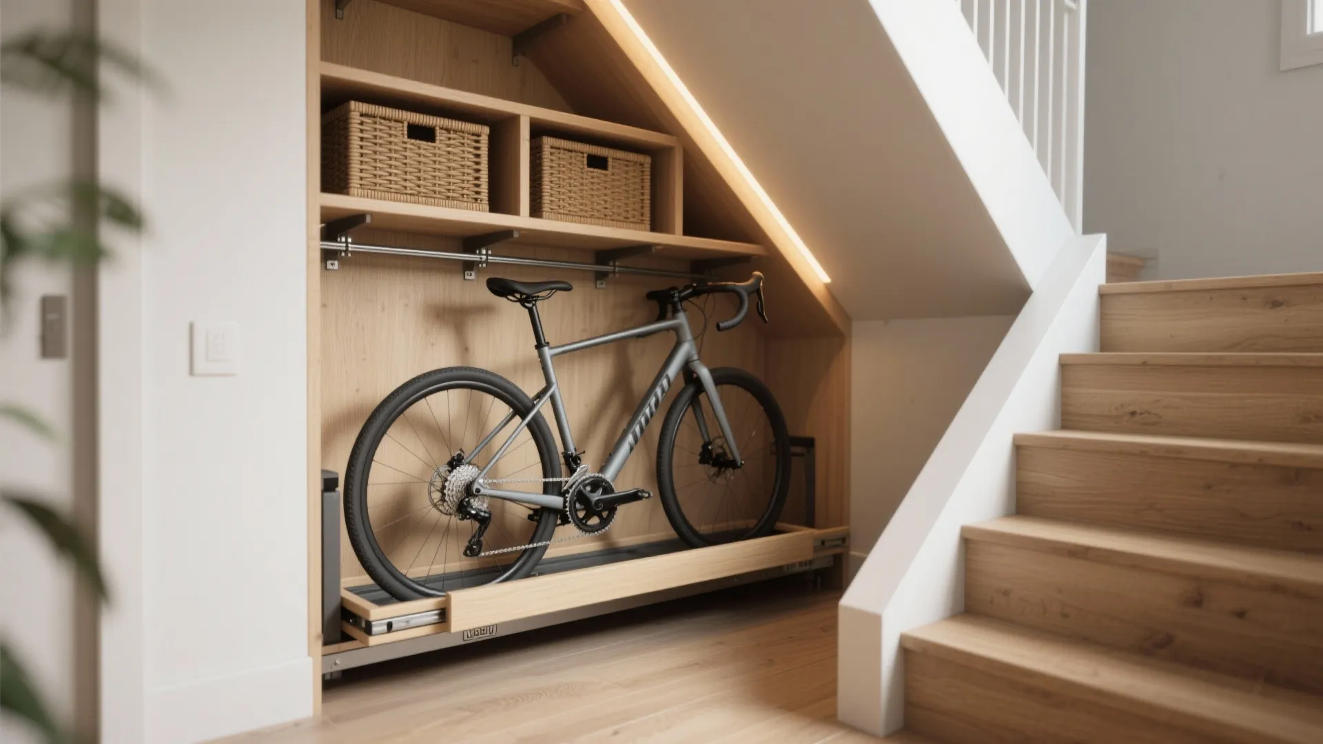 Bicycle stored in a pull out wooden drawer built under a staircase for small space