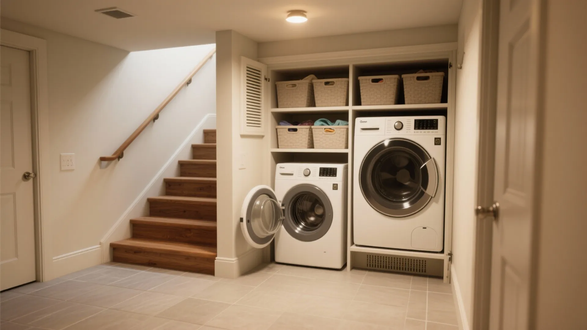 4. Under-Stair Laundry with Pull-out Hampers