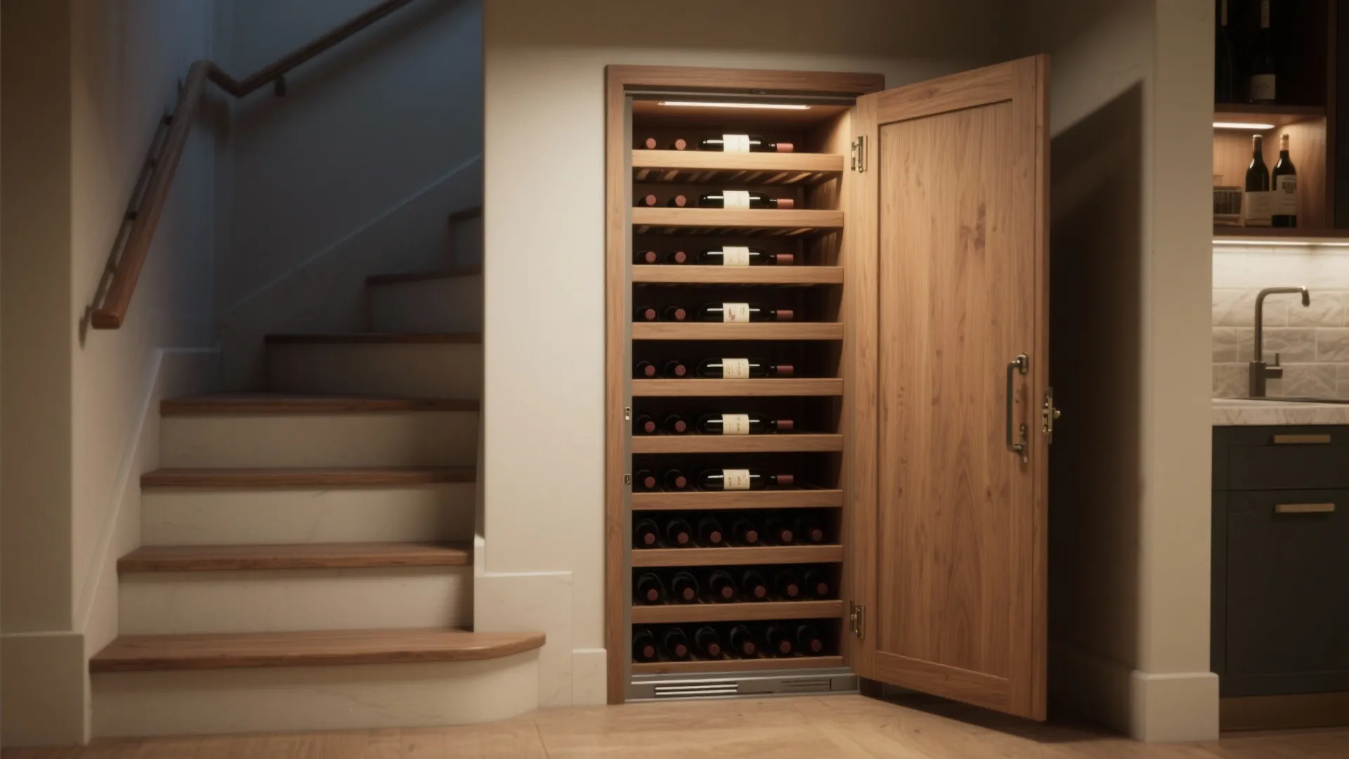 Wooden wine storage cabinet built under a staircase next to a kitchen with open door