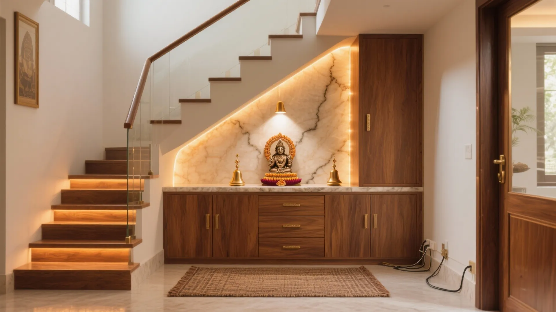 Small wooden prayer area under stairs with marble wall paneling warm light and a statue