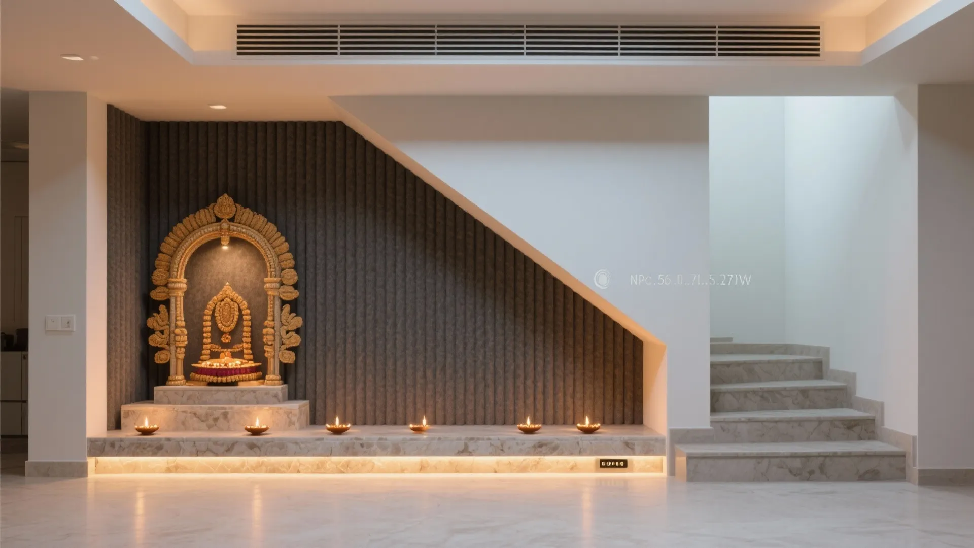 Under-stair niche pooja with acoustic slat panels, stone ledge, and warm layered lighting.