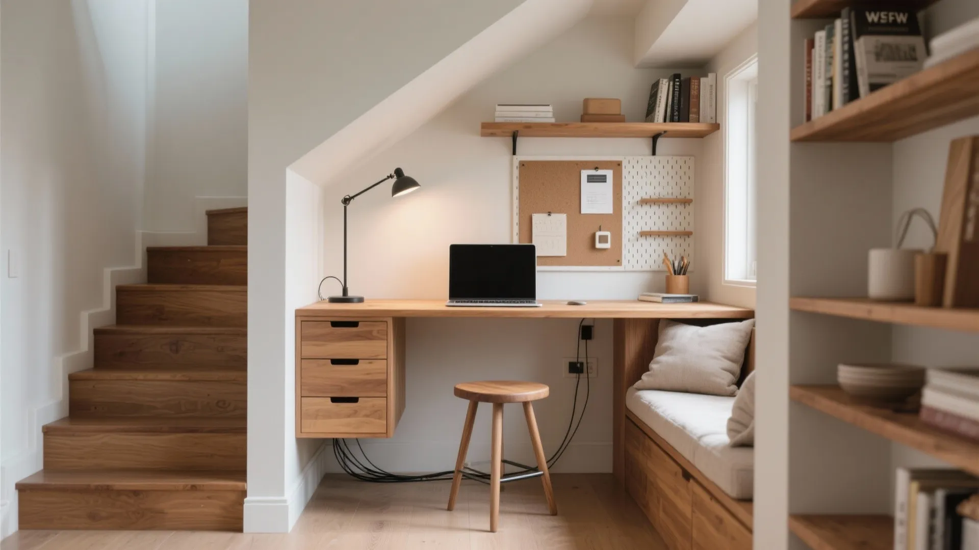 Under-stair micro office or reading nook