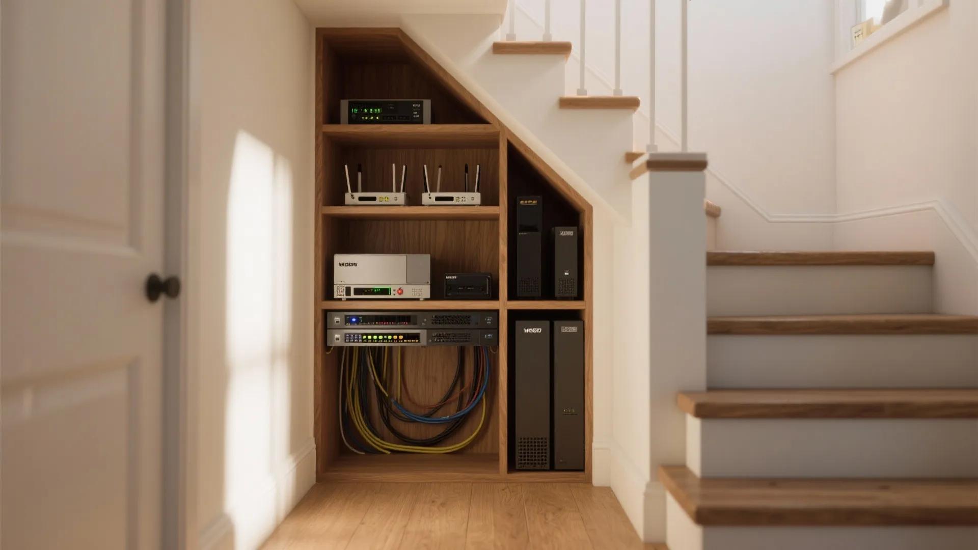 Network equipment and routers stored on wooden shelves inside a storage space under the stairs